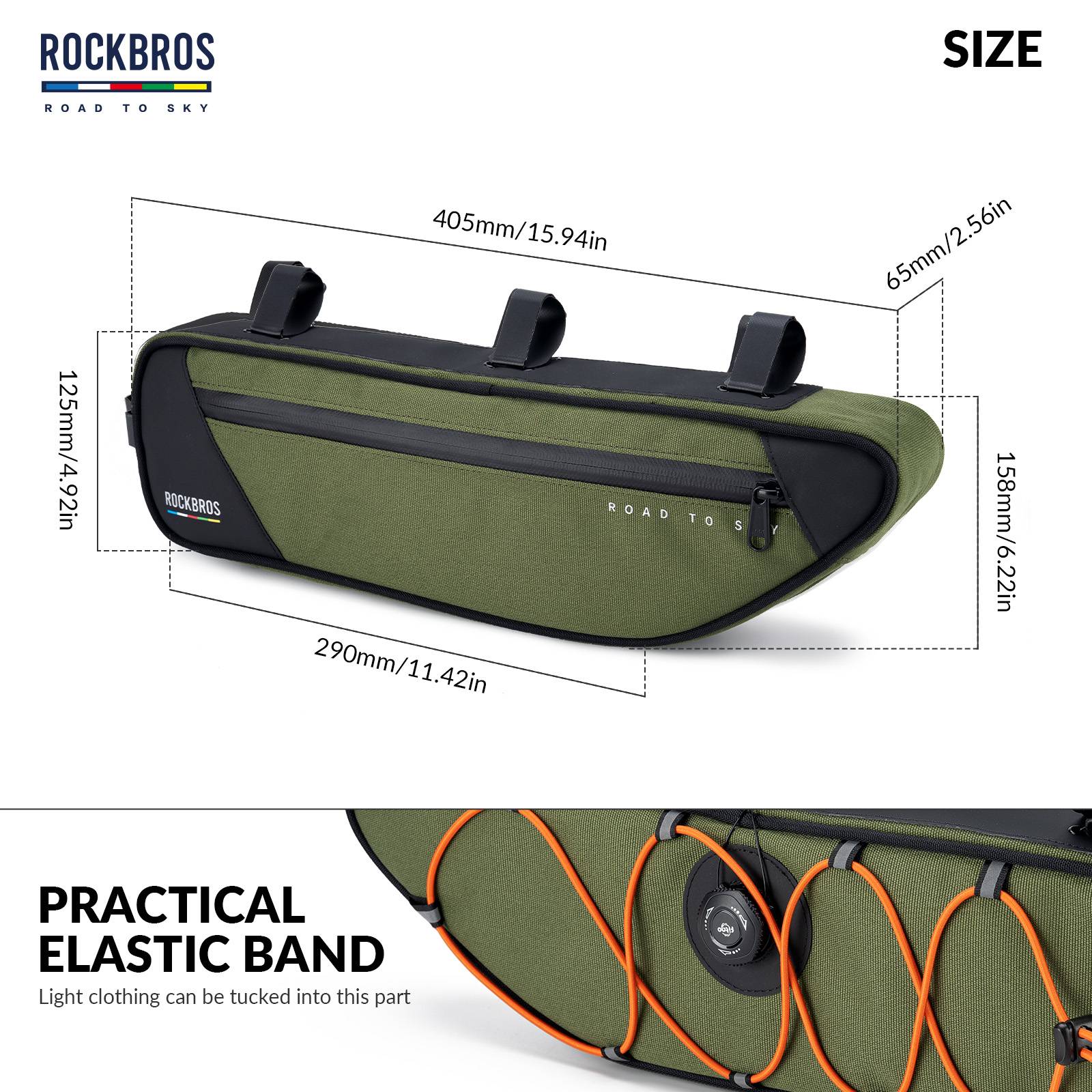 ROCKBROS Road-to-Sky Bike Frame Bag Reflective Waterproof Triangular Bag #Color_Army Green