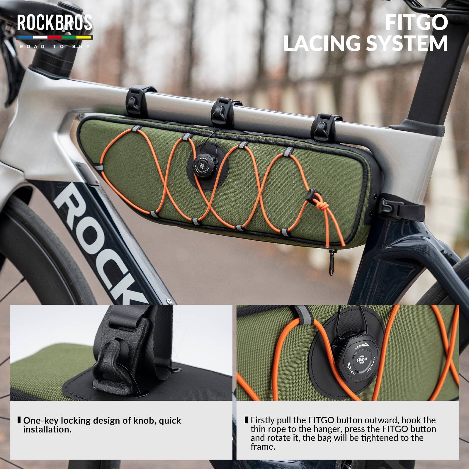 ROCKBROS Road-to-Sky Bike Frame Bag Reflective Waterproof Triangular Bag #Color_Army Green