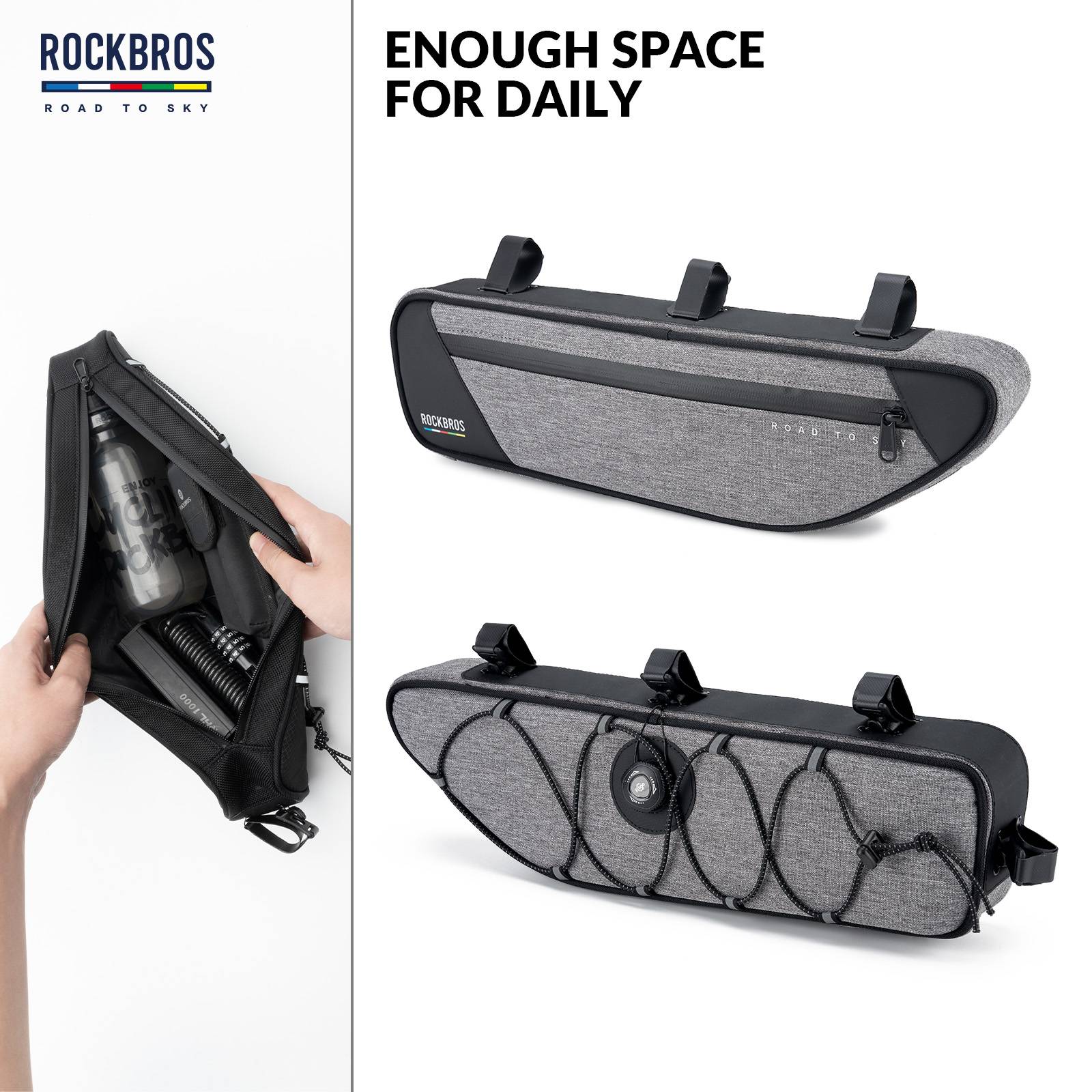 ROCKBROS Road-to-Sky Bike Frame Bag Reflective Waterproof Triangular Bag #Color_Linen Gray