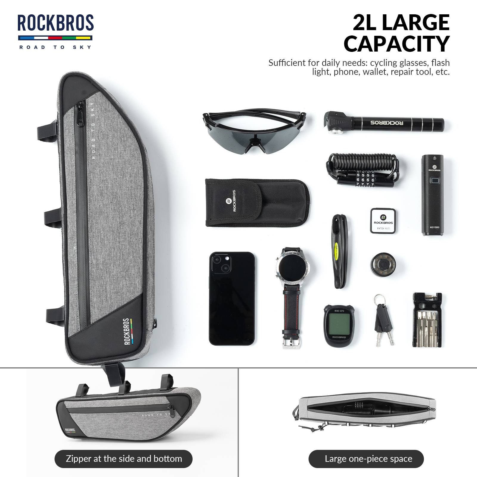 ROCKBROS Road-to-Sky Bike Frame Bag Reflective Waterproof Triangular Bag #Color_Linen Gray