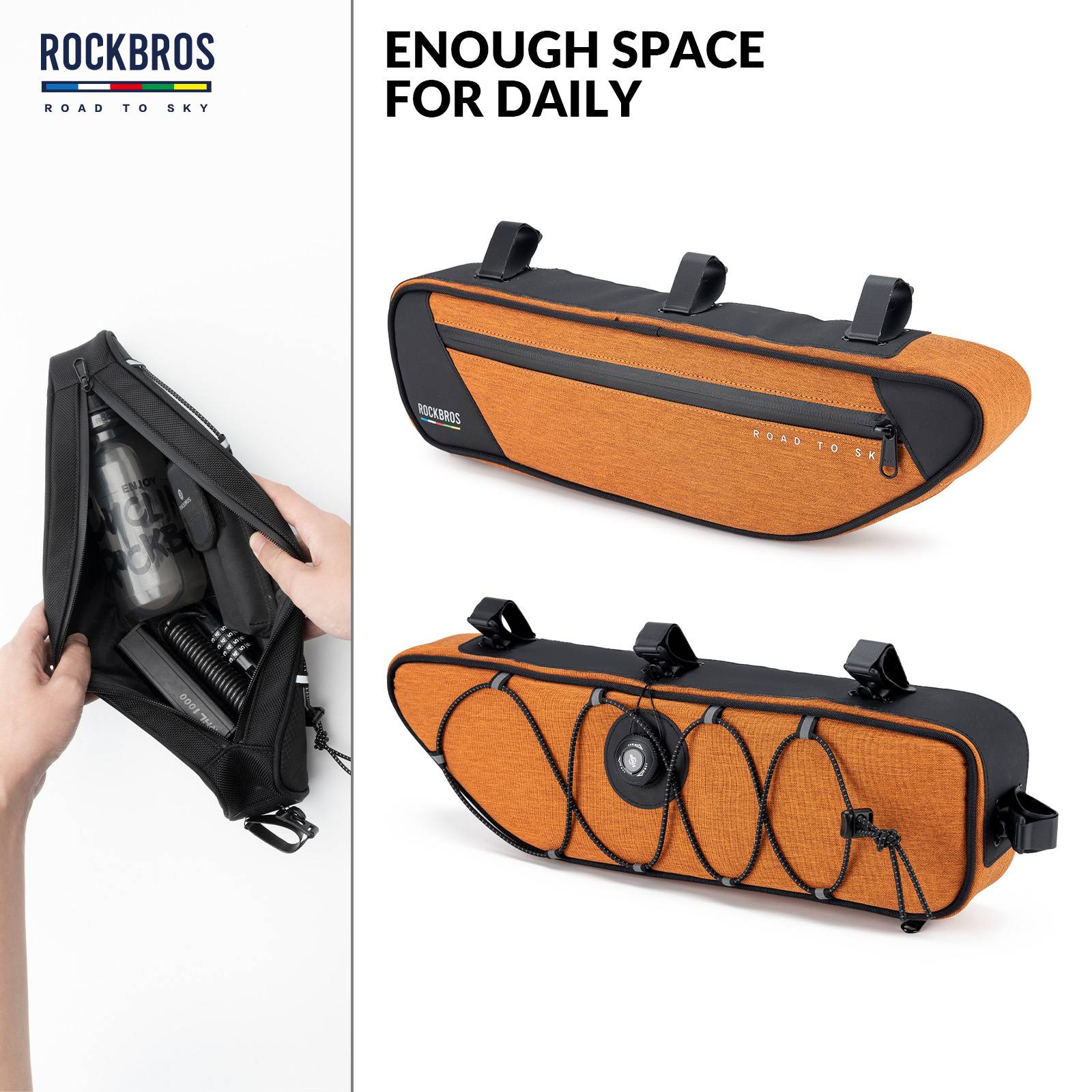 ROCKBROS Road-to-Sky Bike Frame Bag Reflective Waterproof Triangular Bag #Color_Orange