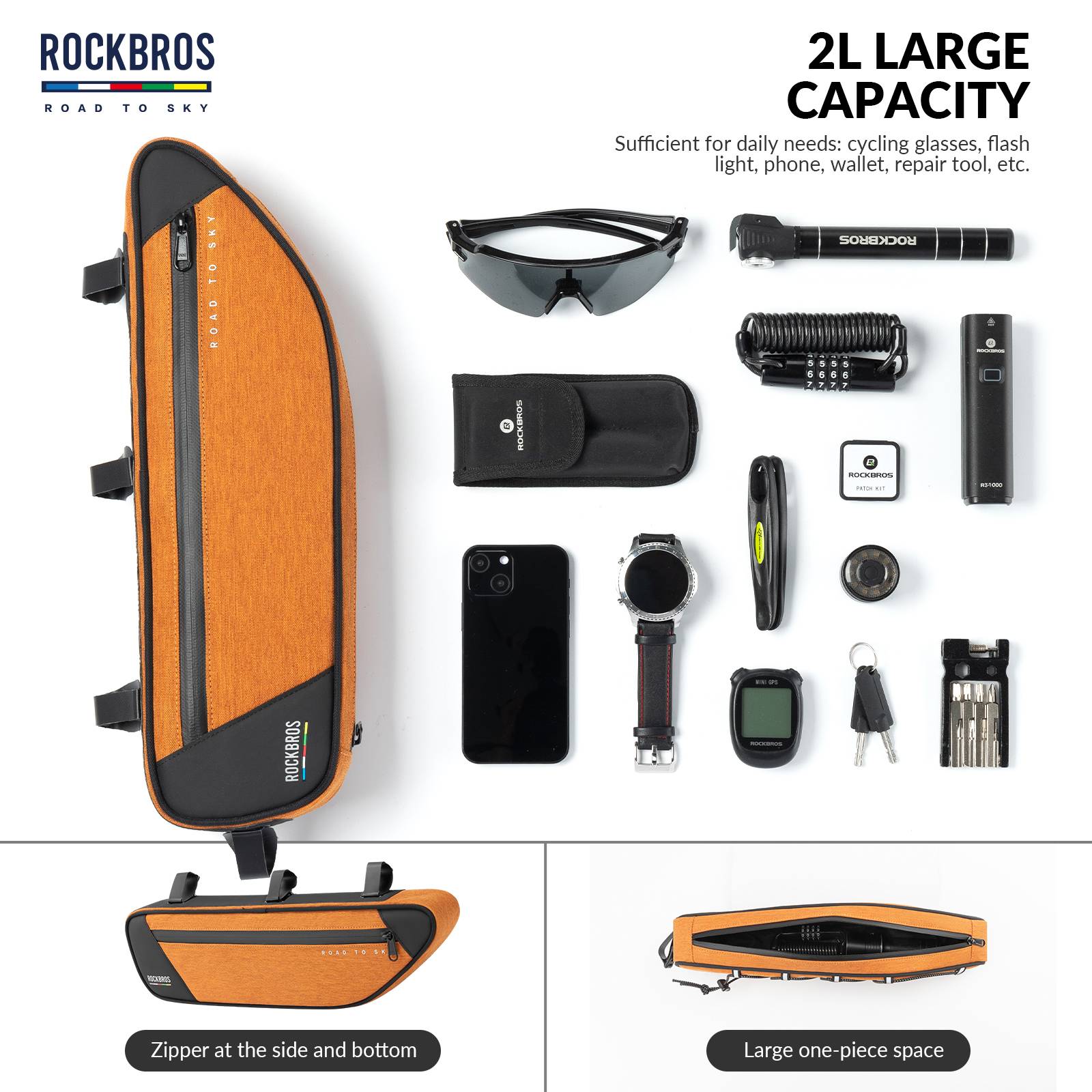 ROCKBROS Road-to-Sky Bike Frame Bag Reflective Waterproof Triangular Bag #Color_Orange