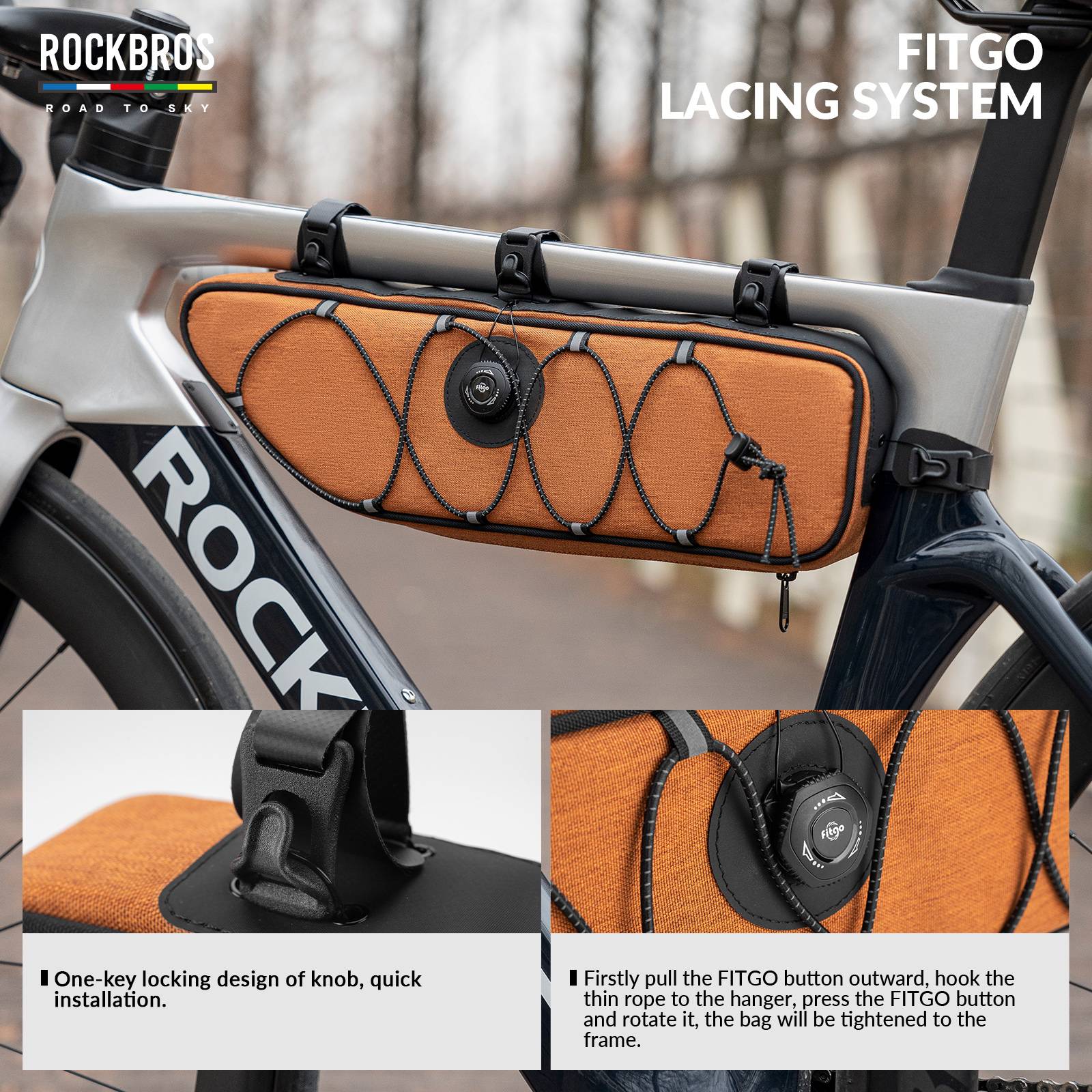 ROCKBROS Road-to-Sky Bike Frame Bag Reflective Waterproof Triangular Bag #Color_Orange