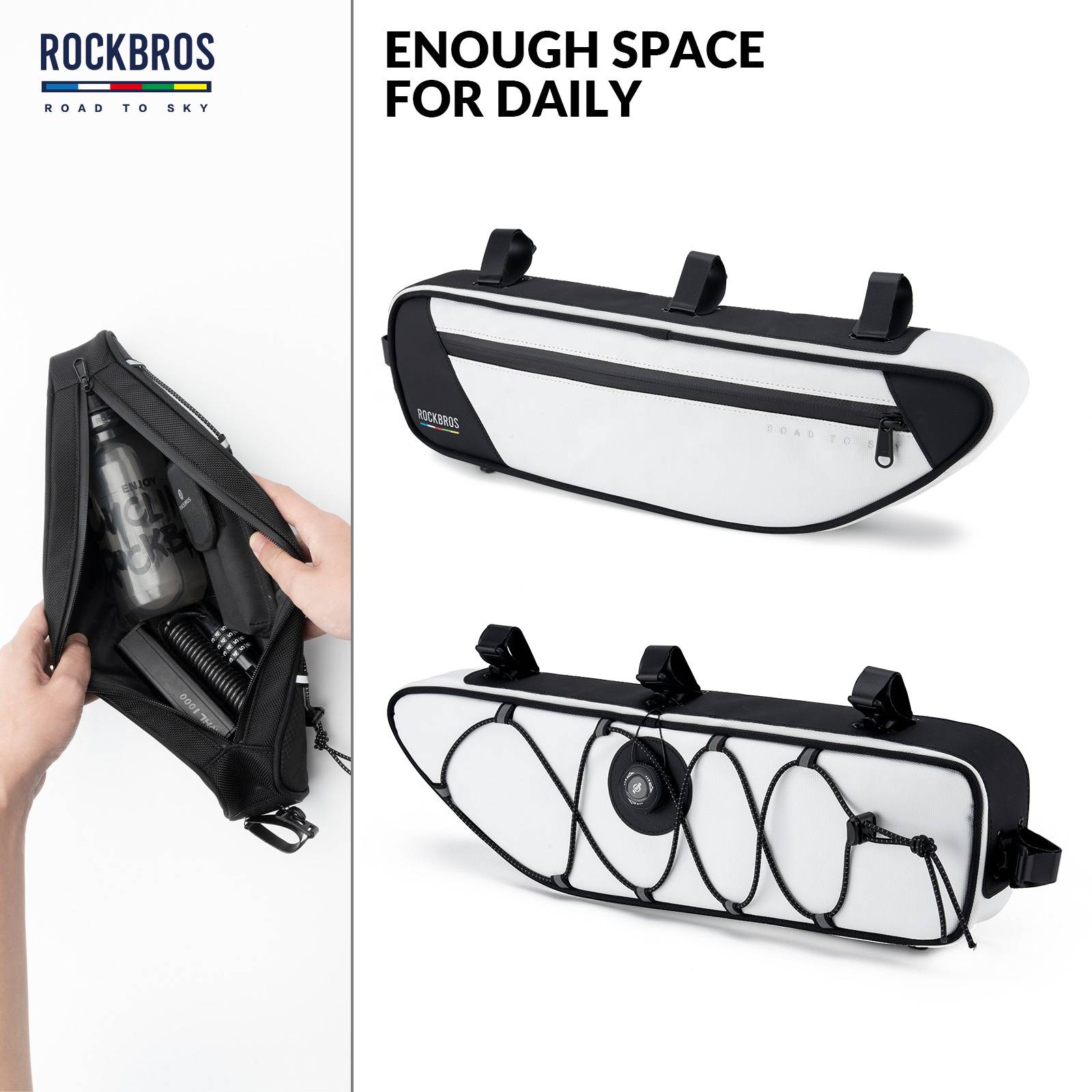 ROCKBROS Road-to-Sky Bike Frame Bag Reflective Waterproof Triangular Bag #Color_White