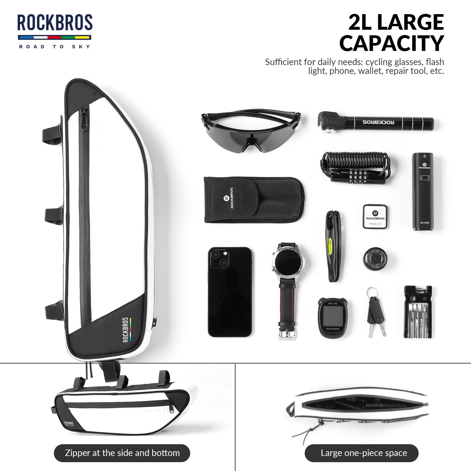 ROCKBROS Road-to-Sky Bike Frame Bag Reflective Waterproof Triangular Bag #Color_White