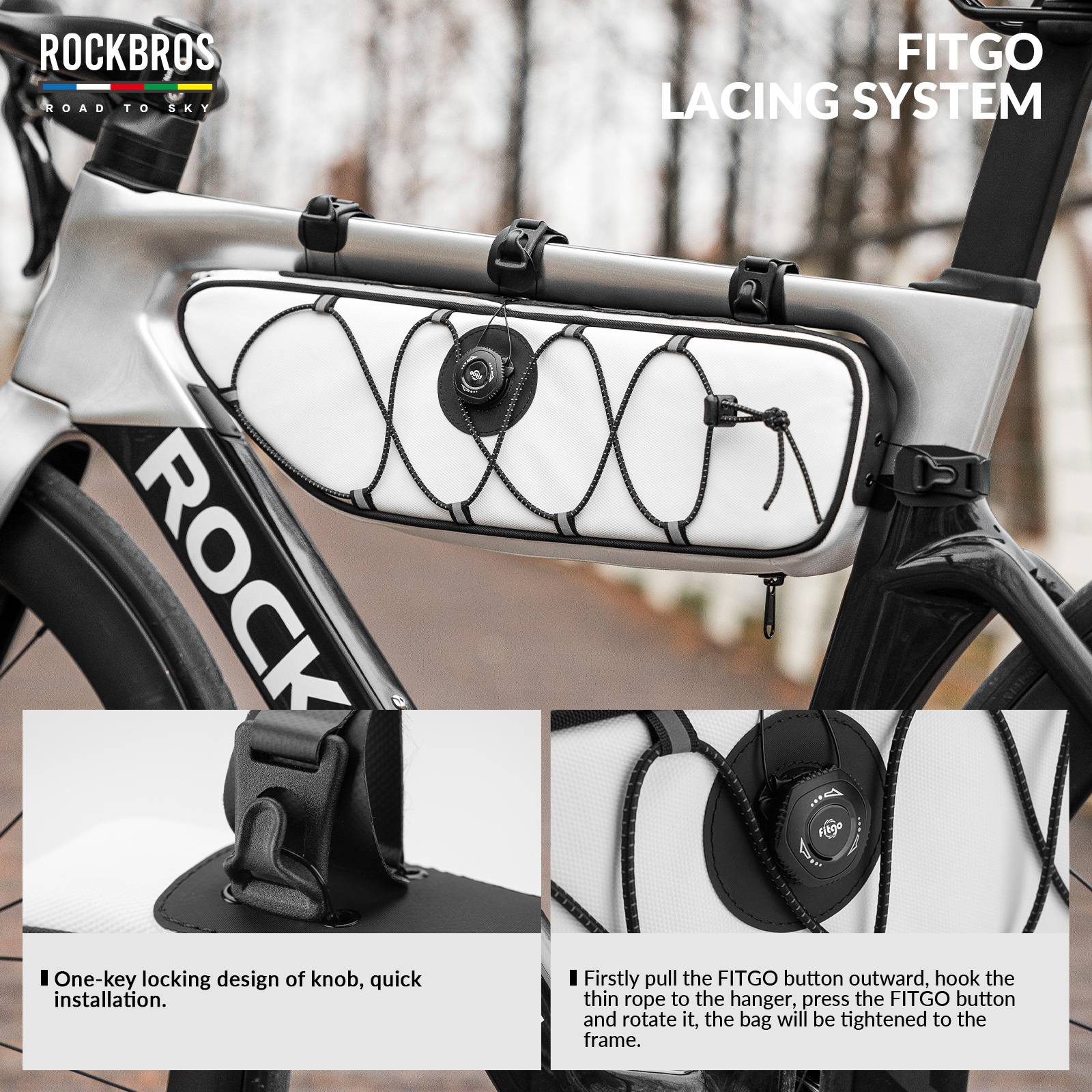 ROCKBROS Road-to-Sky Bike Frame Bag Reflective Waterproof Triangular Bag #Color_White