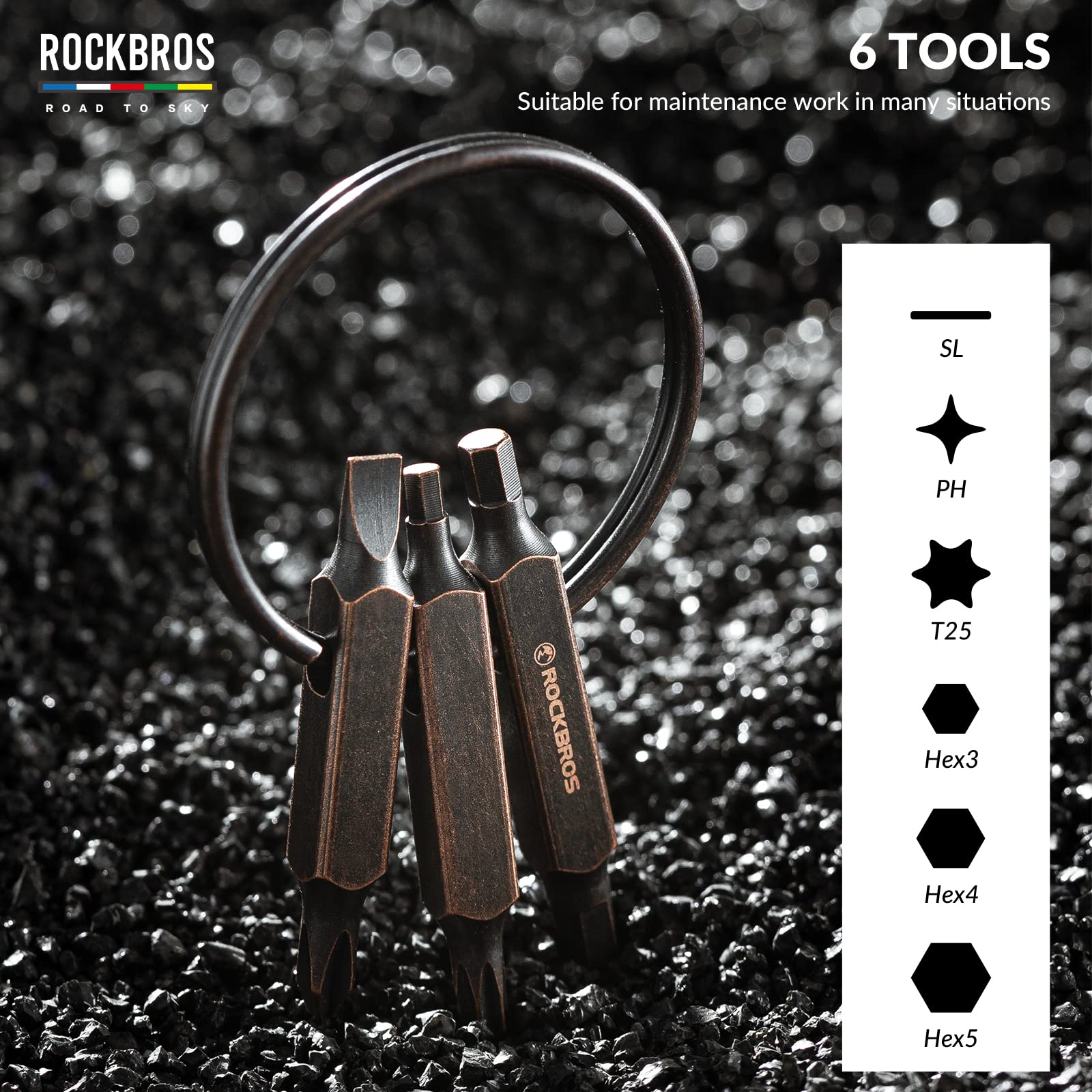 ROCKBROS Road-to-Sky Mini Bike Repair Tool 6 in 1 Portable Keychain