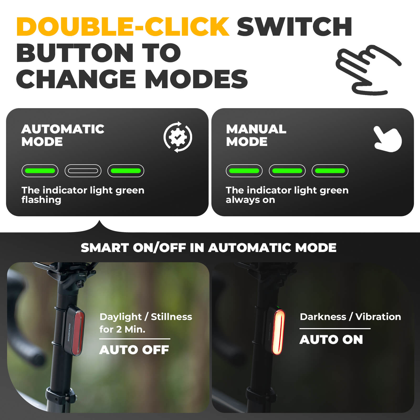 ROCKBROS smart bike rear light, magnetic taillight, rechargeable, waterproof, high visibility for safe cycling.