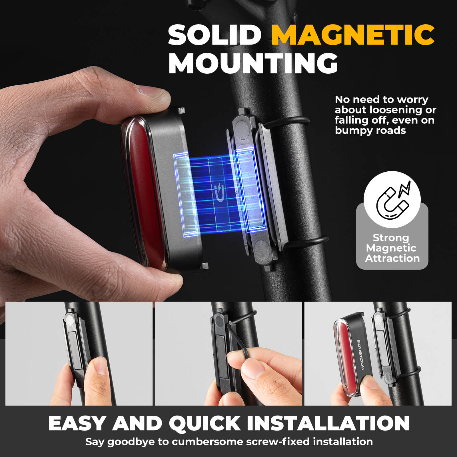 ROCKBROS smart bike rear light, magnetic taillight, rechargeable, waterproof, high visibility for safe cycling.