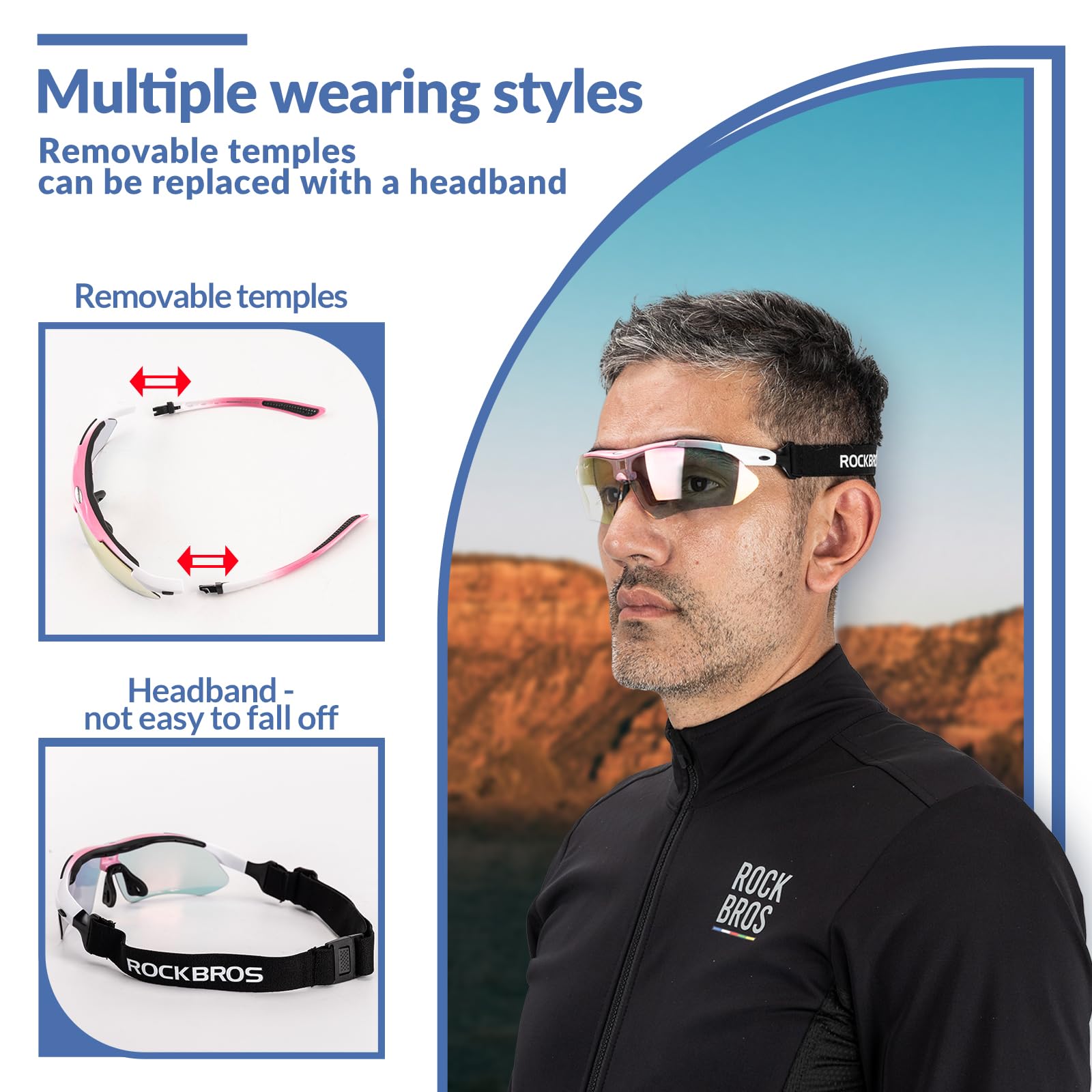 ROCKBROS Sports Sunglasses Photochromic Sunglasses with Headband #Style_Pink-polarized Lenses