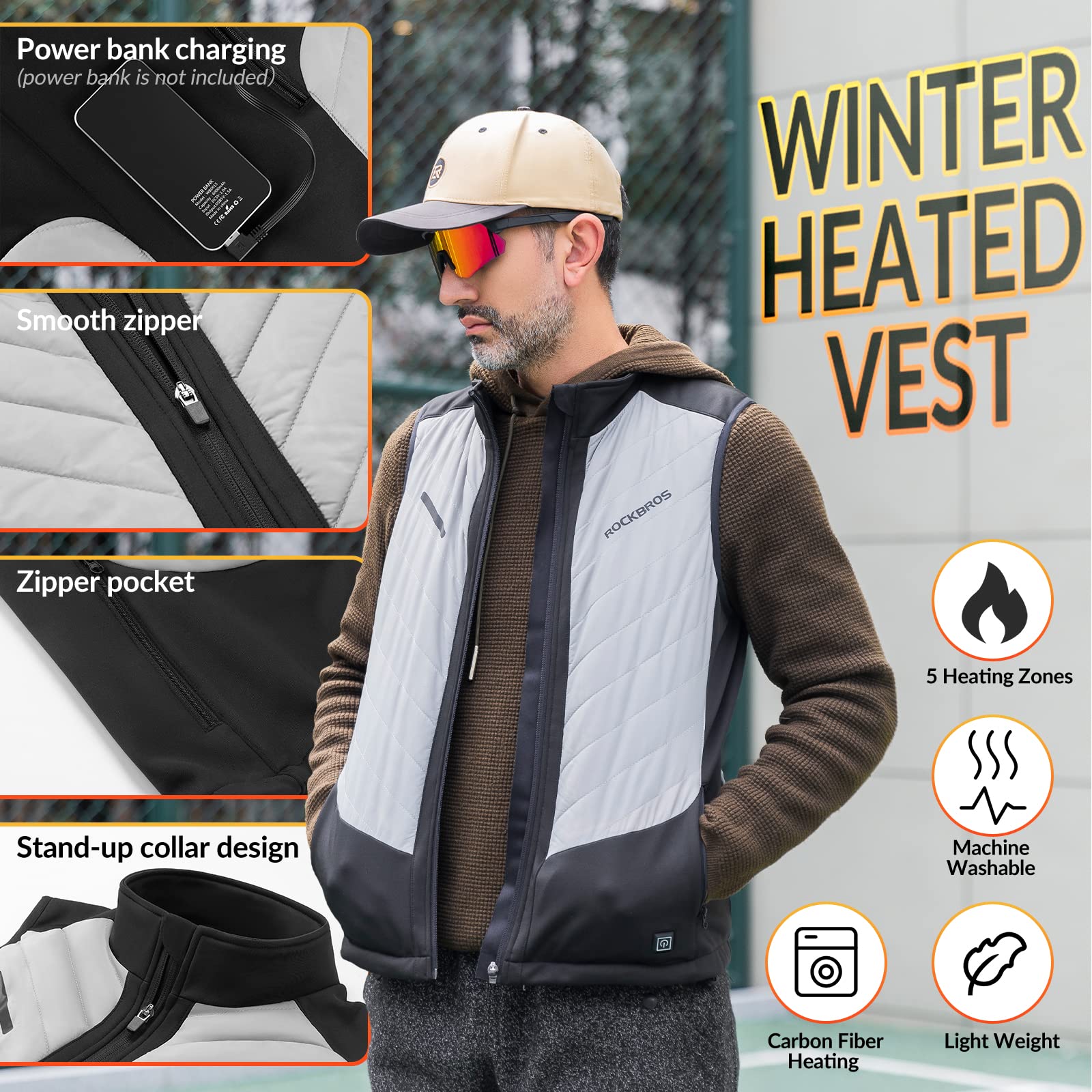 ROCKBROS USB Electric Heated Vest 3-Temperature Levels Washable Winter Vest