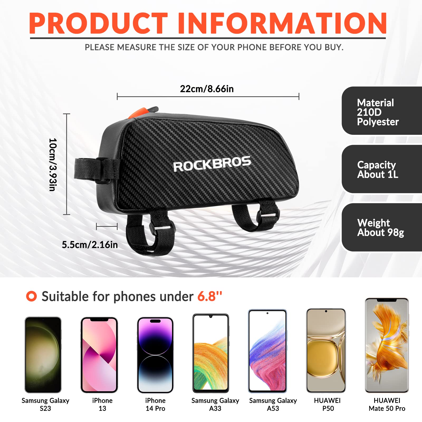 ROCKBROS Ultralight Bike Frame Bag Waterproof & Reflective Top Tube Bag