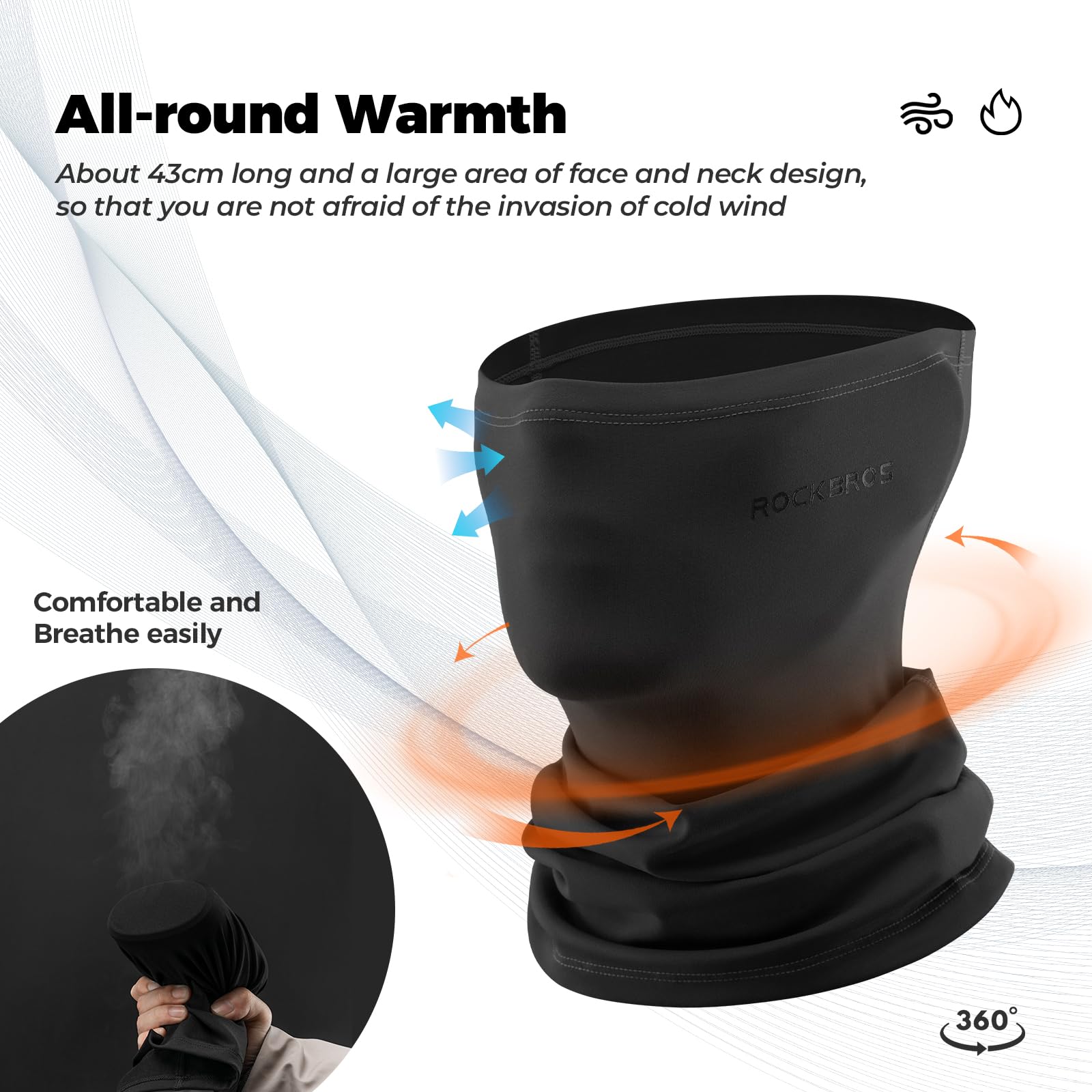 ROCKBROS Windproof Neck Warmer Gaiter Half Balaclava for Men & Women #Color_Black