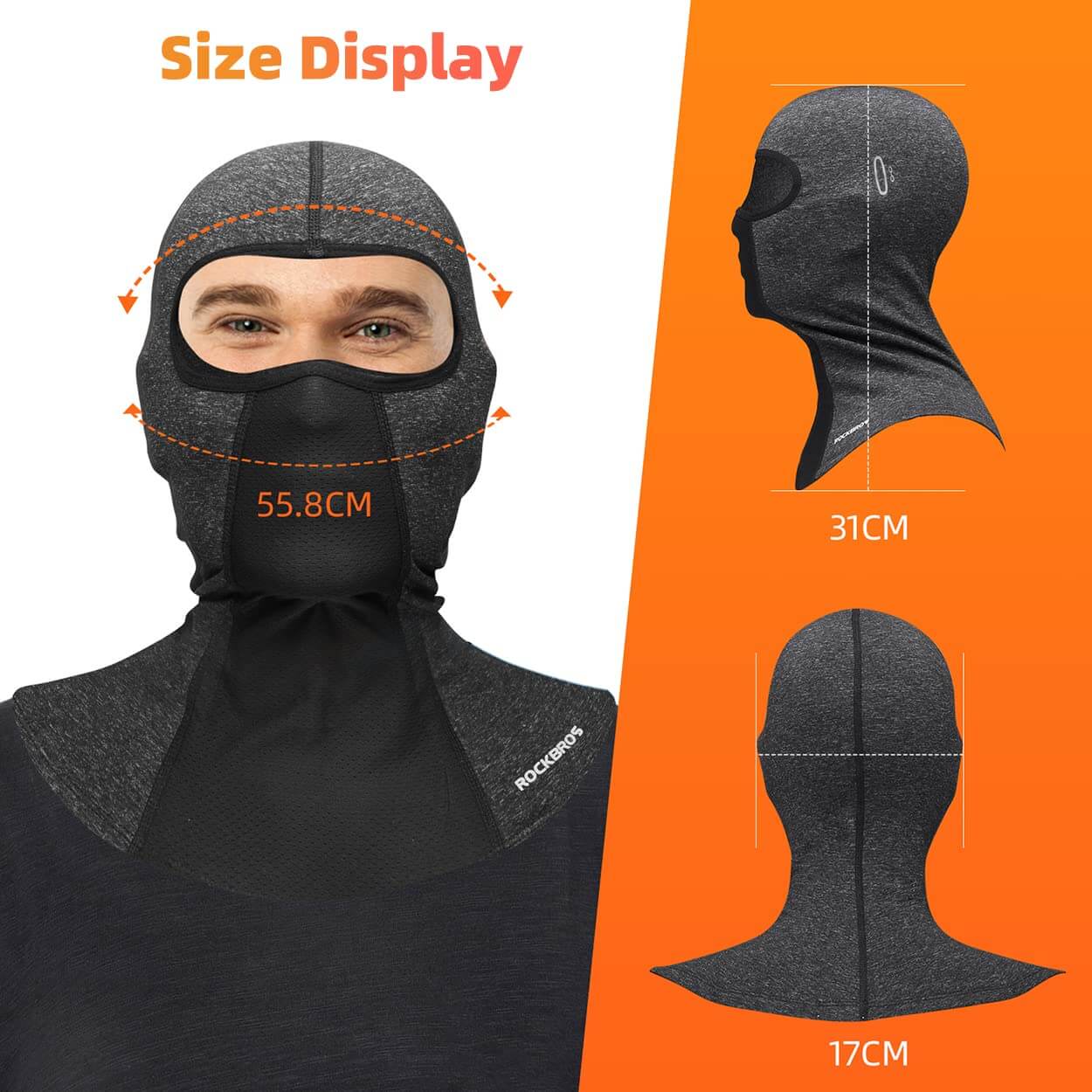 ROCKBROS windproof winter balaclava, full-face mask with glasses holes in grey#Color_Grey