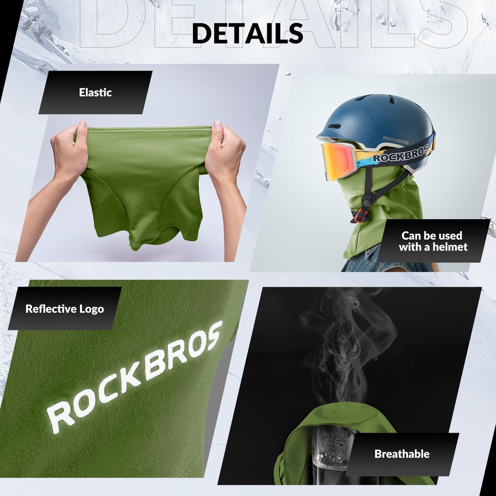 ROCKBROS Winter Cycling Mask Fleece Warm Windproof Balaclava Ski Mask #Color_Army Green