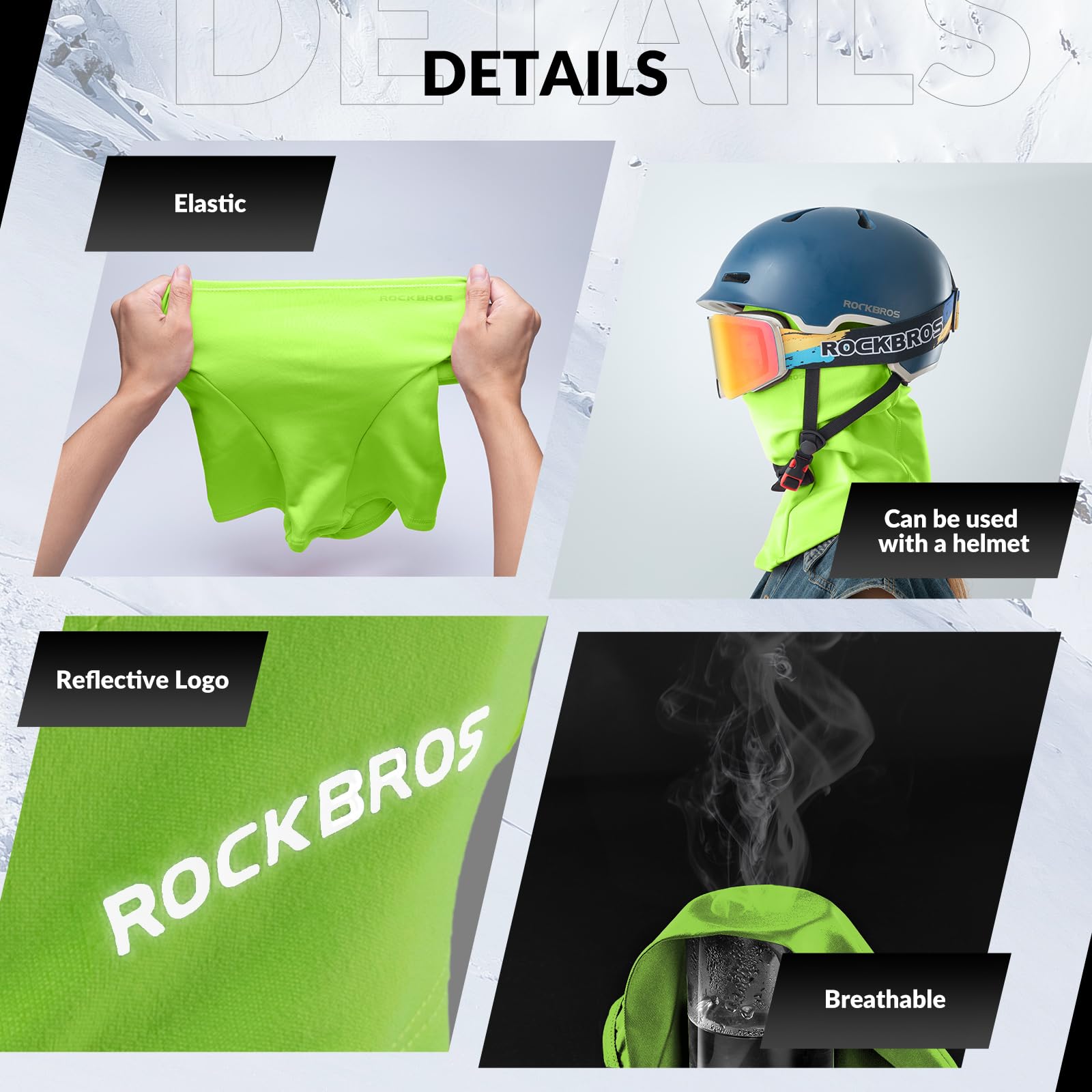 ROCKBROS Winter Cycling Mask Fleece Warm Windproof Balaclava Ski Mask #Color_Fluorescent Green