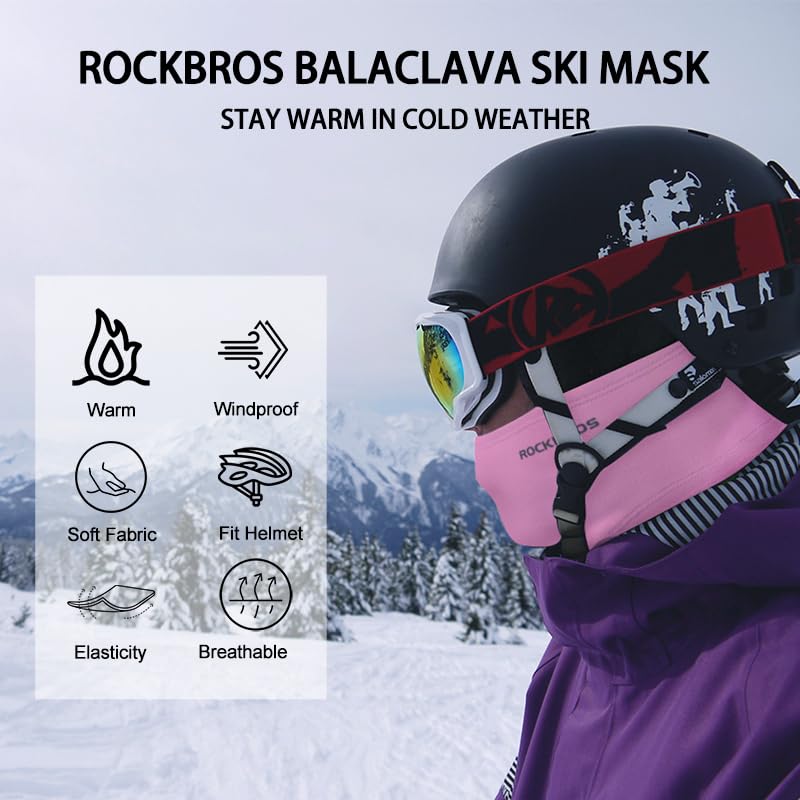 ROCKBROS Winter Cycling Mask Fleece Warm Windproof Balaclava Ski Mask #Color_Pink
