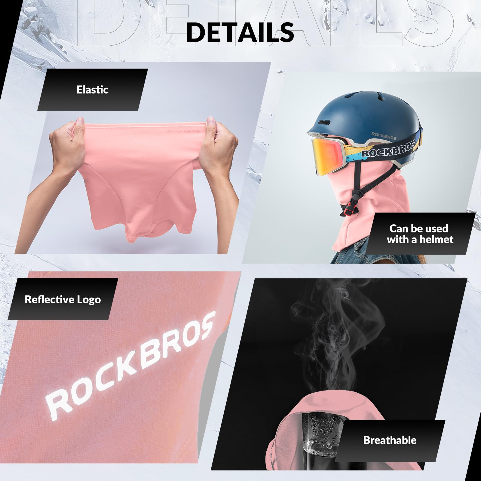 ROCKBROS Winter Cycling Mask Fleece Warm Windproof Balaclava Ski Mask #Color_Pink