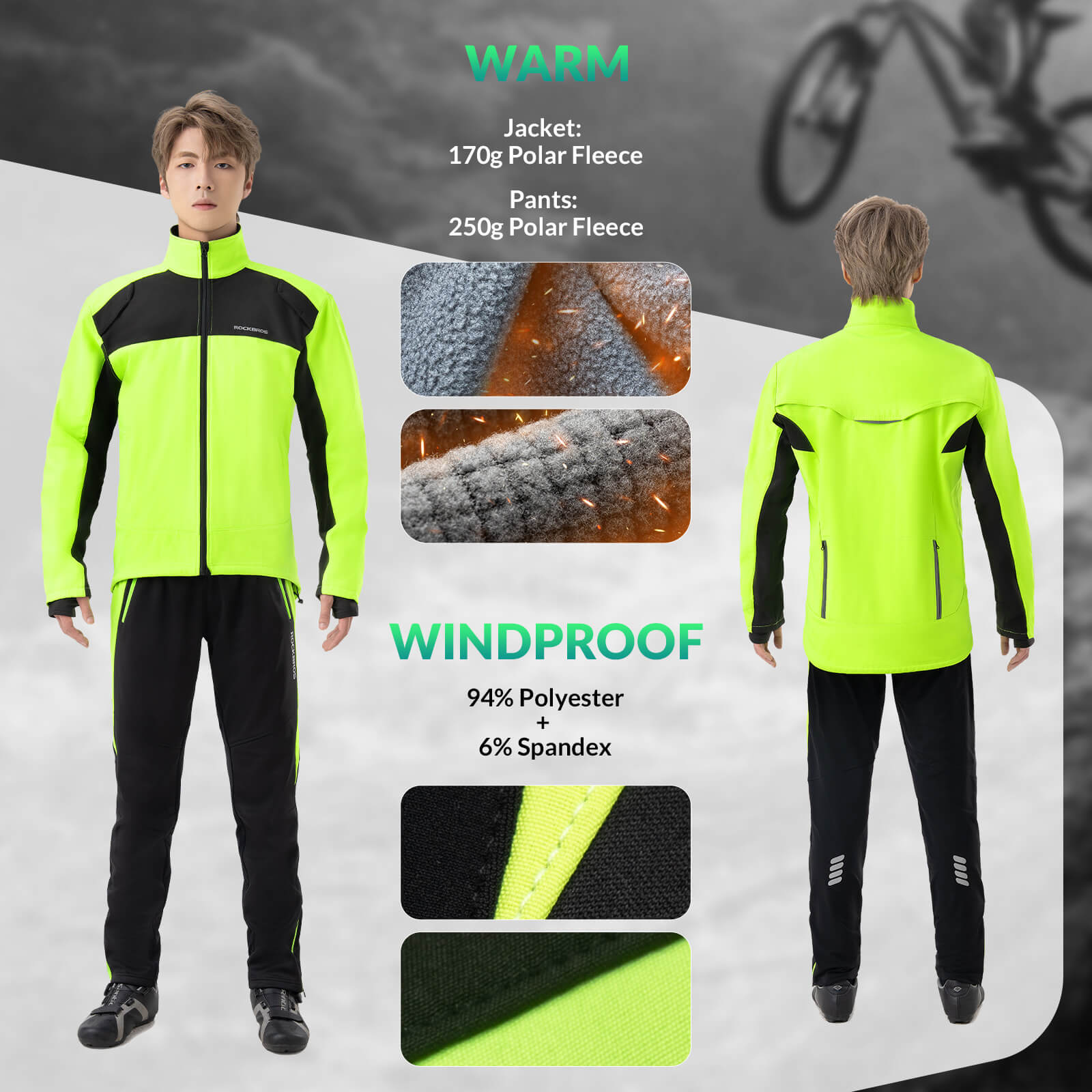 ROCKBROS Winter Thermal Windproof Softshell Cycling Set Bright Green