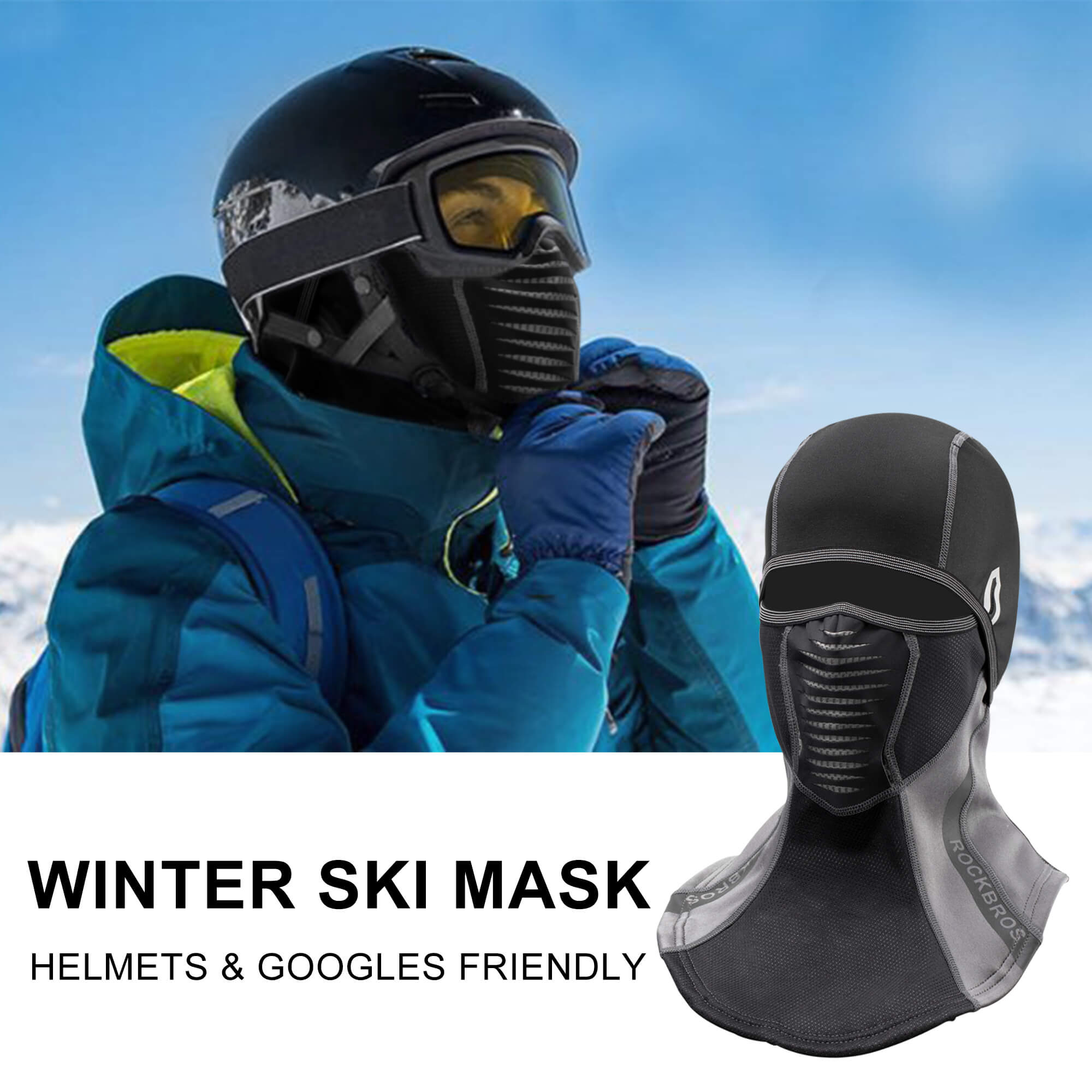 ROCKBROS Winter Windproof Balaclava Warm Cycling Cover #Style_Full Face Black Gray