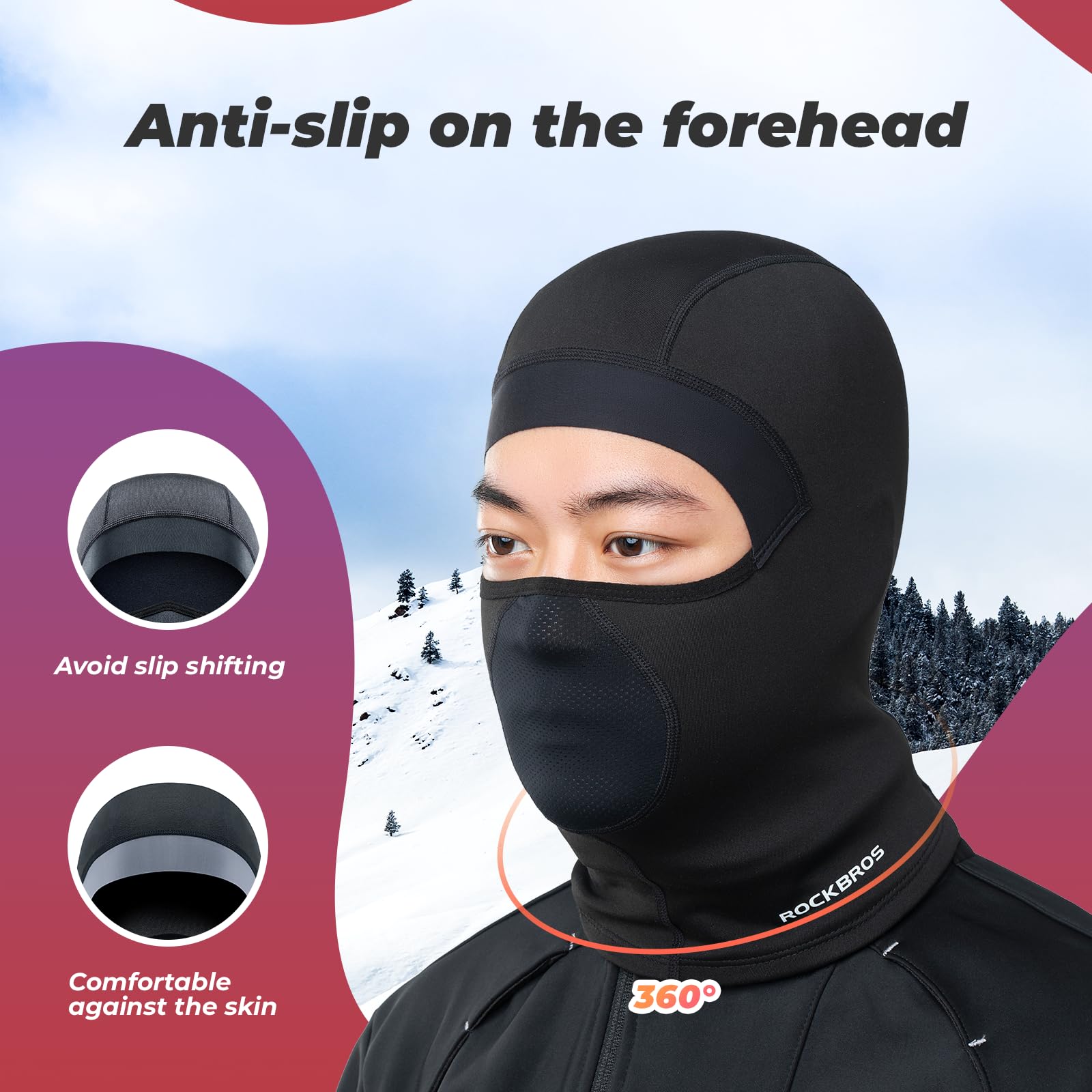 ROCKBROS Windproof Ski Balaclava Full Face Cover Breathable Under-Helmet Mask