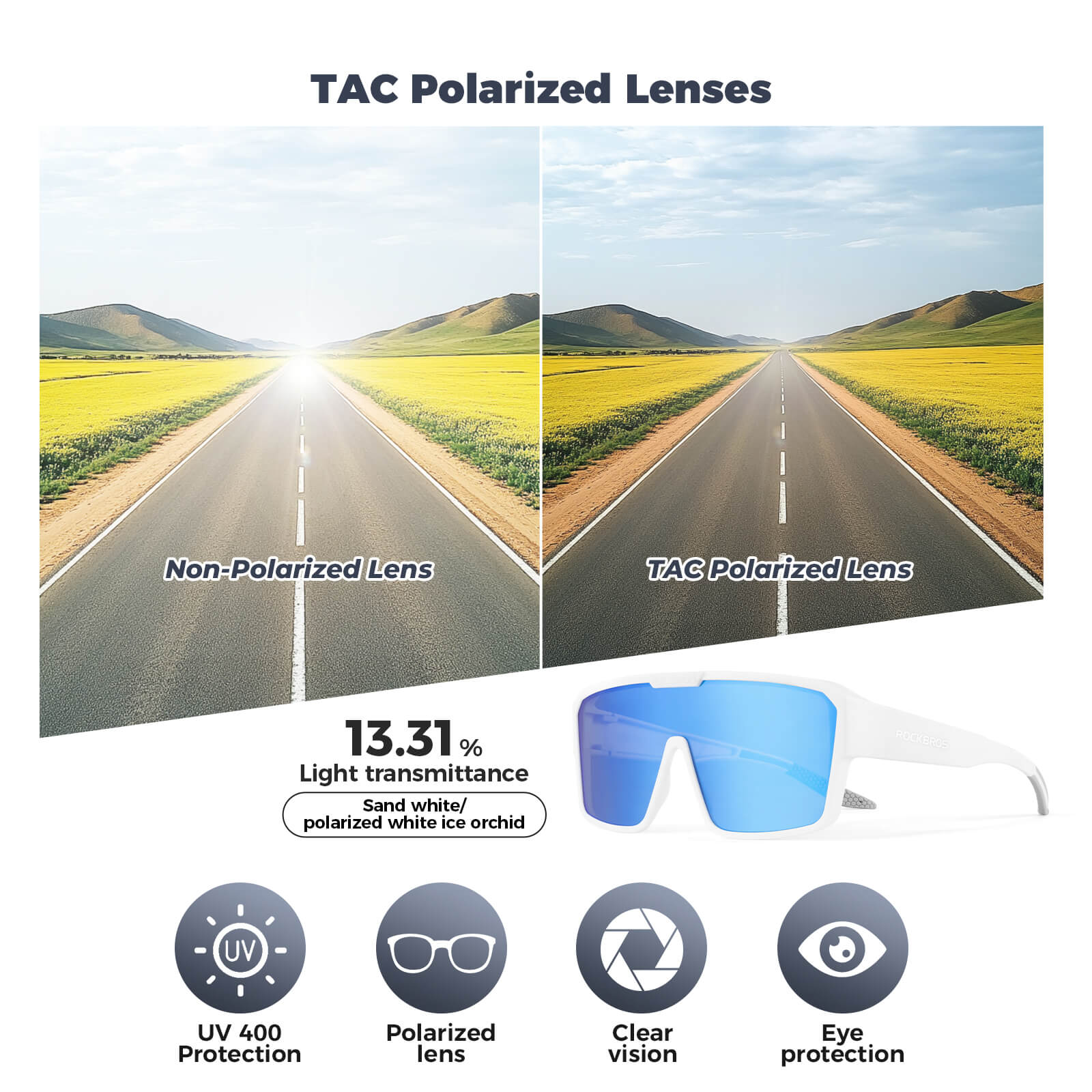 ROCKBROS SP348 polarised cycling sunglasses designed to fit over prescription glasses, UV400 protection and windproof design. #Color_Sky Blue