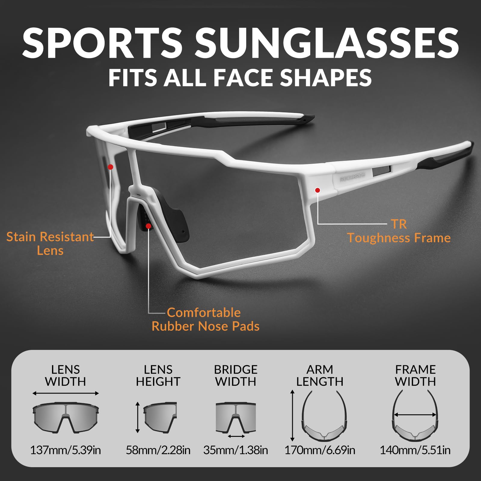 ROCKBROS Sports Sunglasses UV400 Protection Cycling Glasses with TR90 Frame #Style_White Photochromic Lense