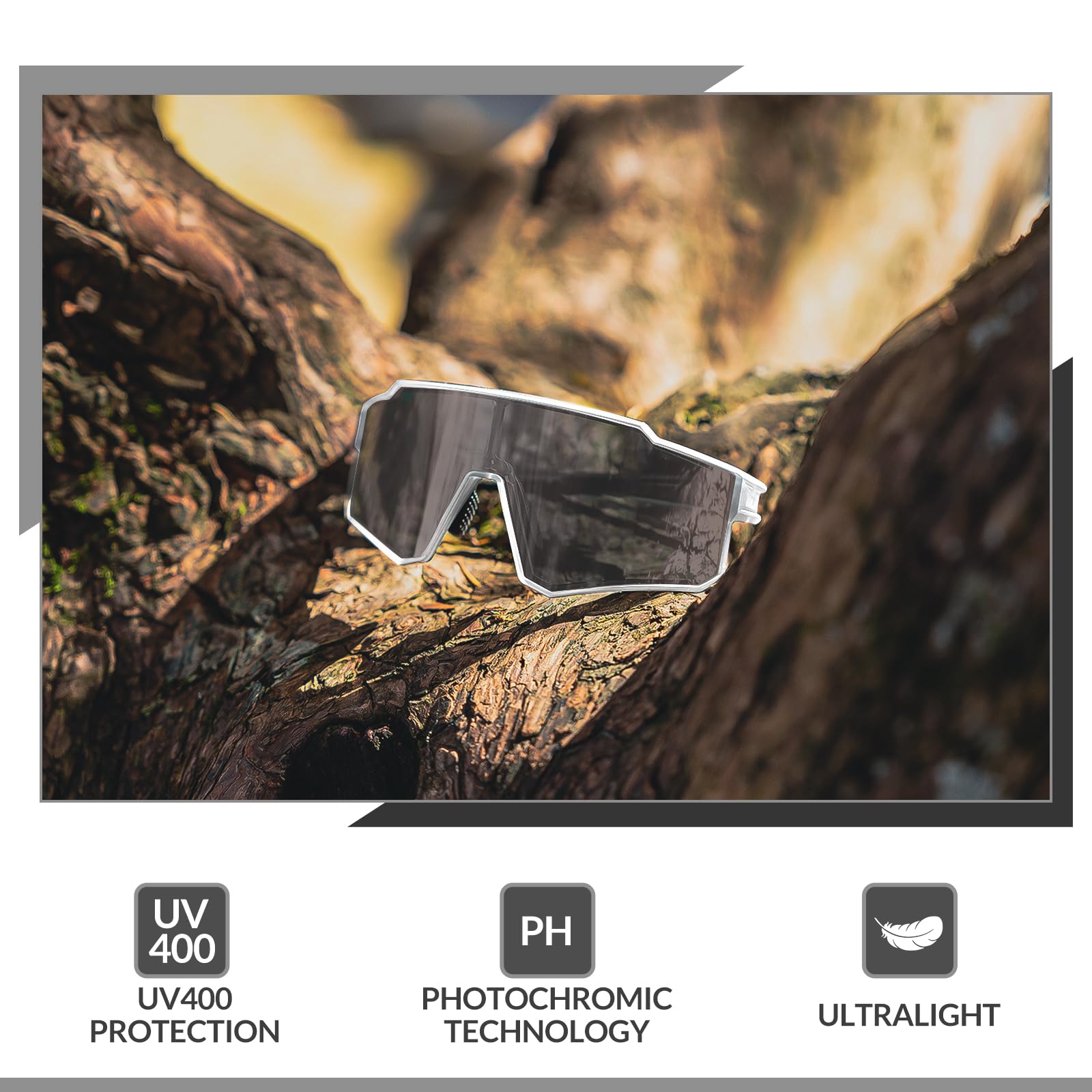 ROCKBROS Sports Sunglasses UV400 Protection Cycling Glasses with TR90 Frame #Style_White Photochromic Lense
