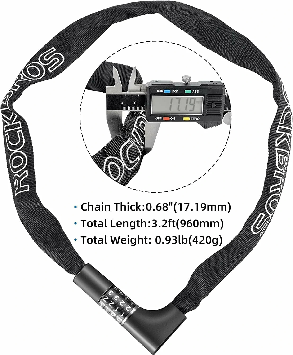 ROCKBROS anti-theft chain lock 96cm dual unlock with combination and keys