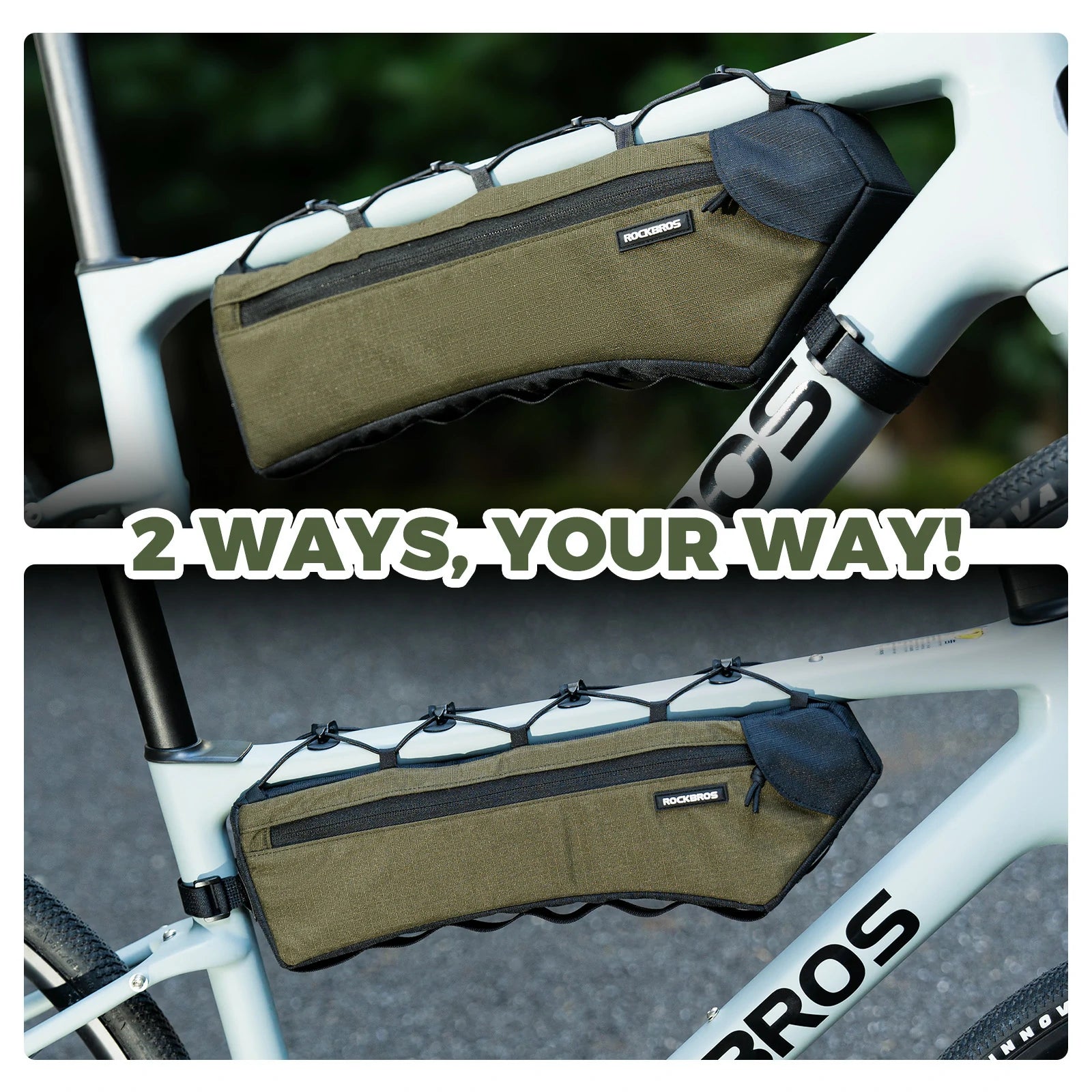 Bike frame bag with two mounting options on bicycle frame