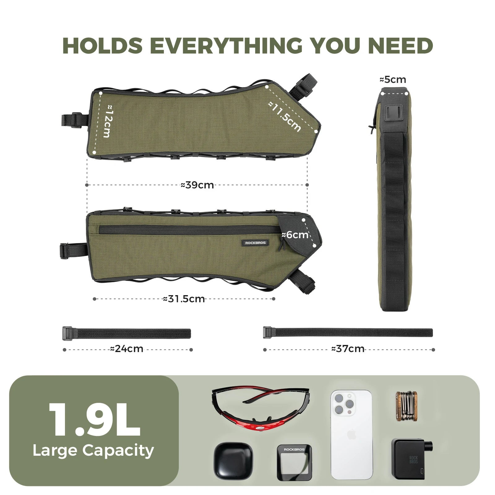 Green bag with dimensions and capacity details