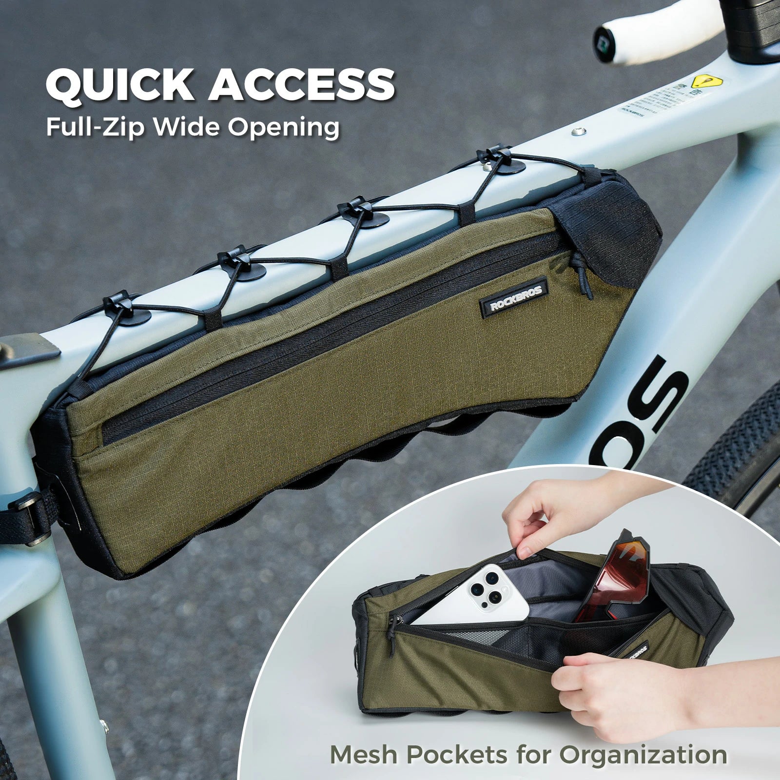 Bicycle frame bag with quick access full-zip wide opening and mesh pockets for organization.