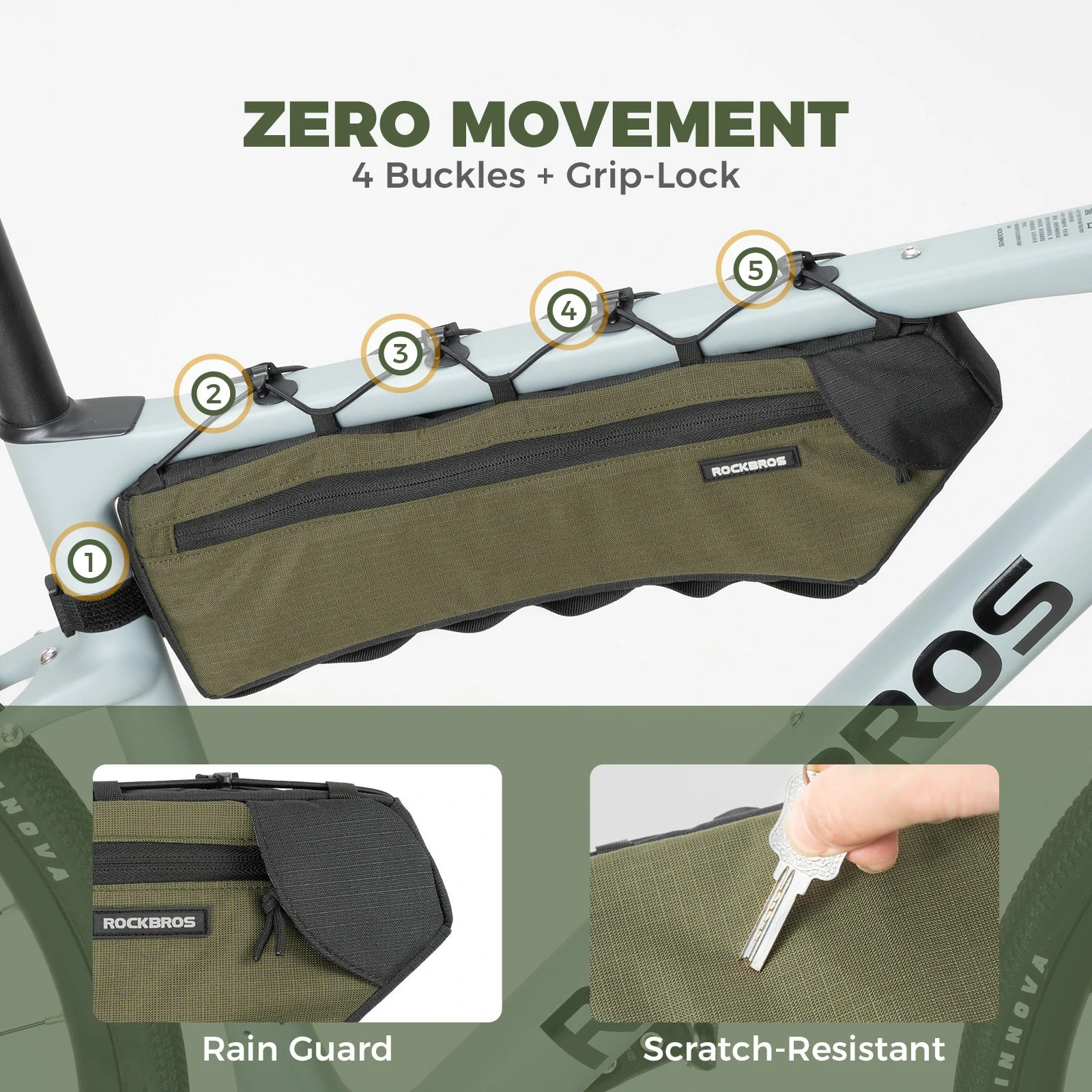 Bicycle frame bag with zero movement feature and additional features highlighted on a white background.