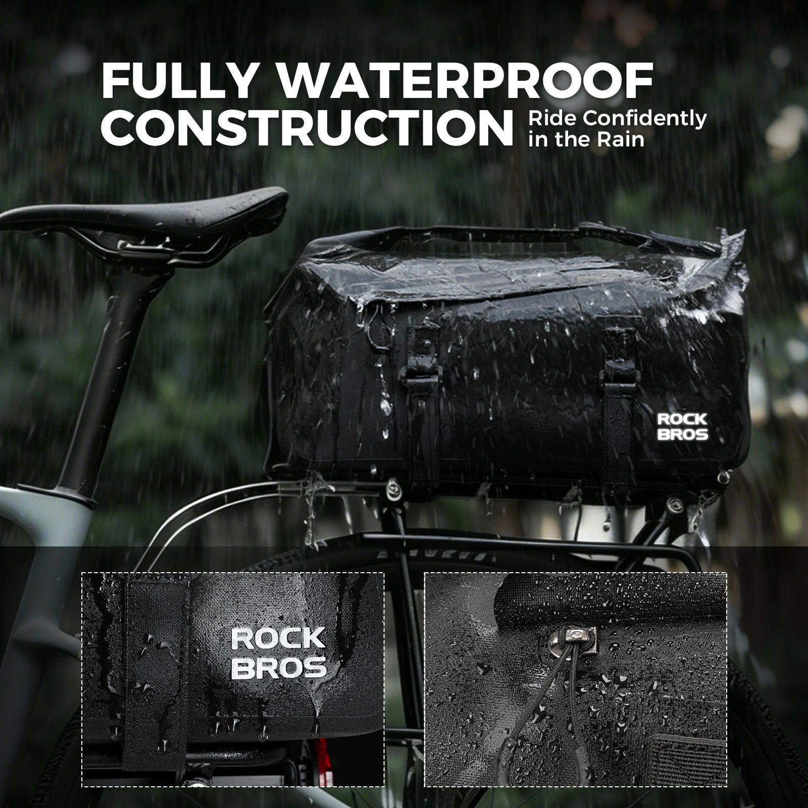 ROCKBROS bike rear rack bag waterproof rolltop expandable 16 l#Color_Black
