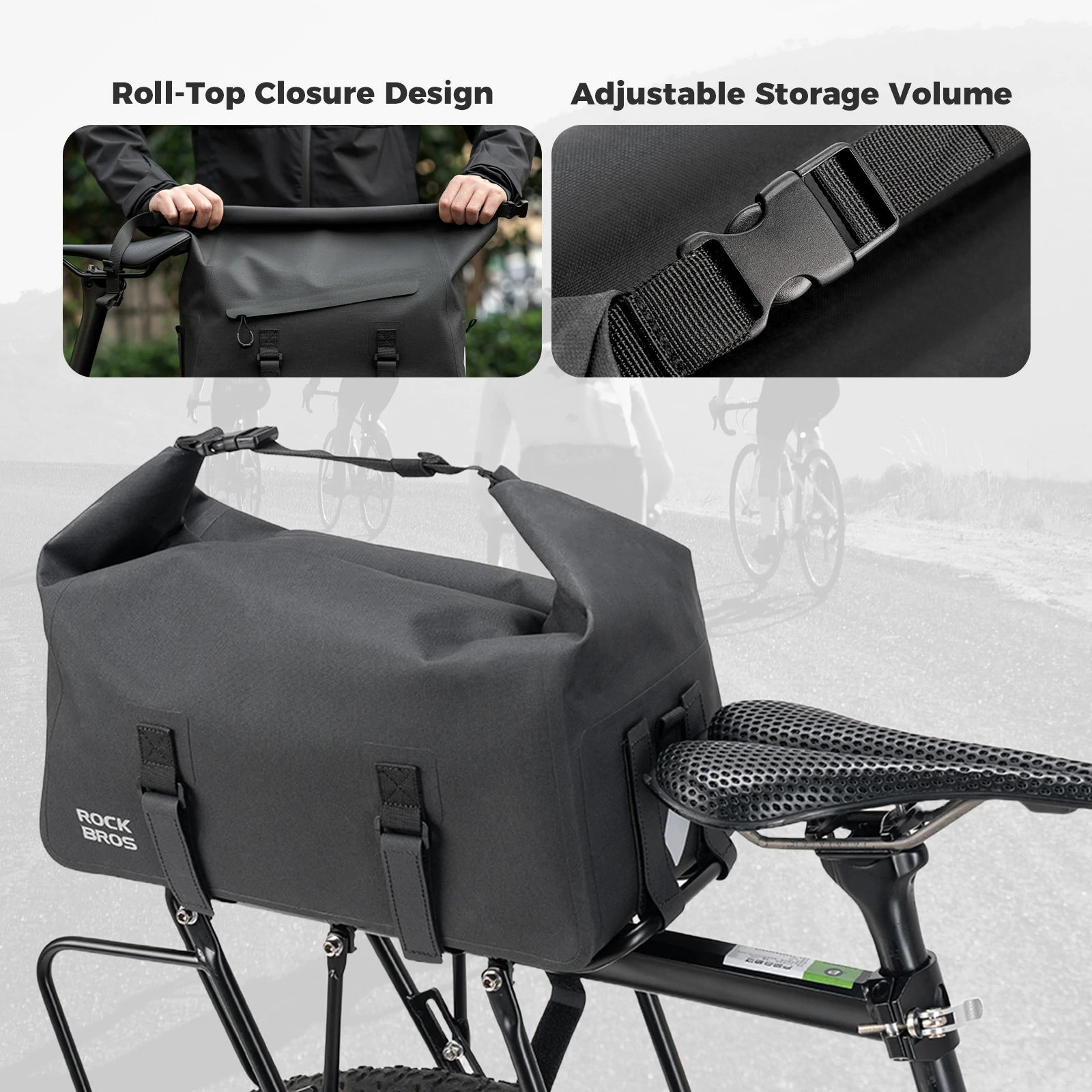 ROCKBROS bike rear rack bag waterproof rolltop expandable 16 l#Color_Black