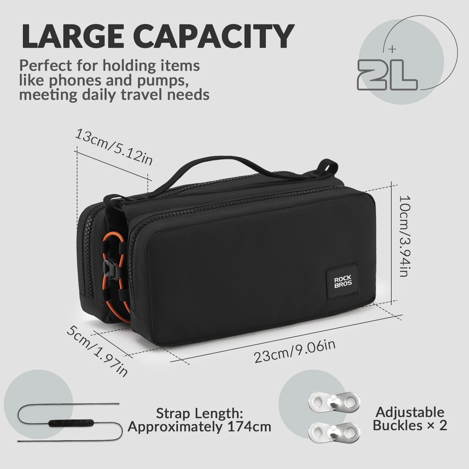 Bike Top Tube Bag with Dual Side Pockets and Shoulder Strap#Color_black
