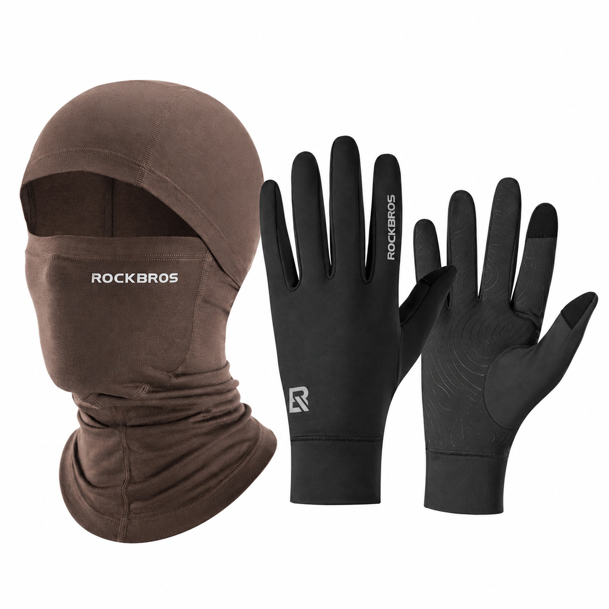 Winter cycling set with Brown balaclava and Black touchscreen gloves#Color_Brown#GloveColor_Black