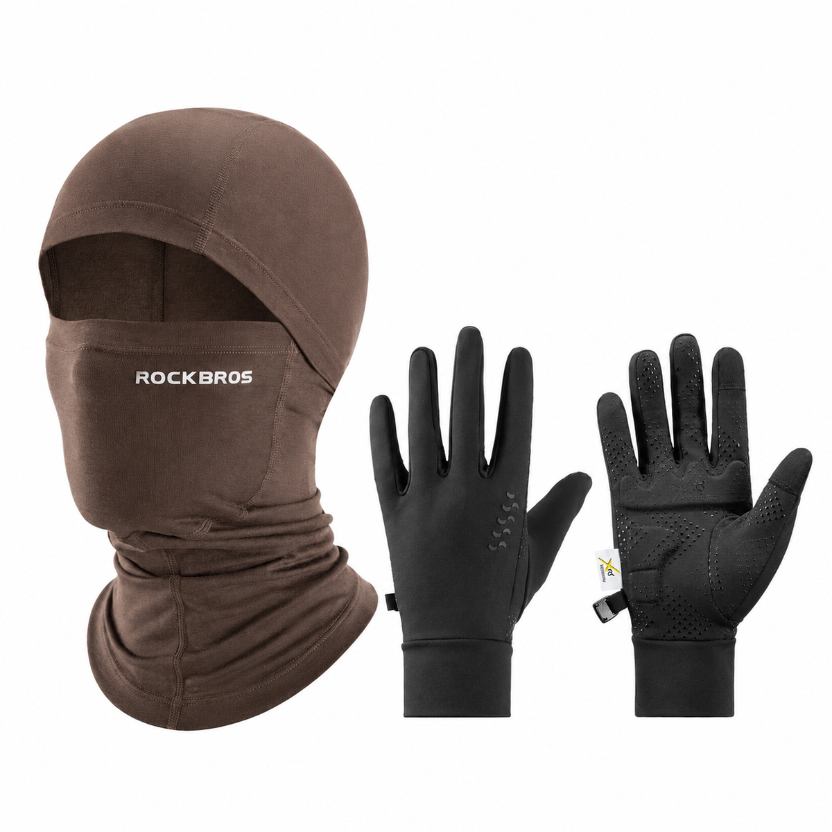 Winter cycling set with Brown balaclava and black ThermoGrip gloves#Color_Brown