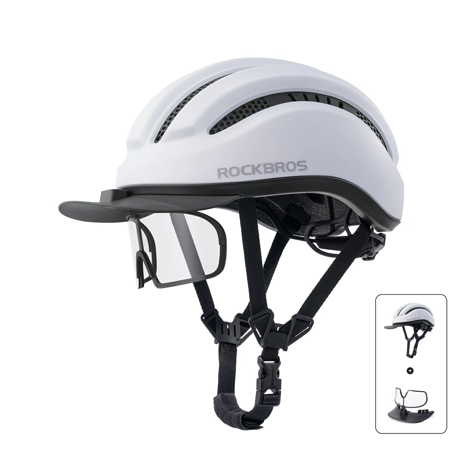 Lightweight Cycling Helmet with Magnetic Visor & Adjustable Fit#Type_Matte White+Glasses