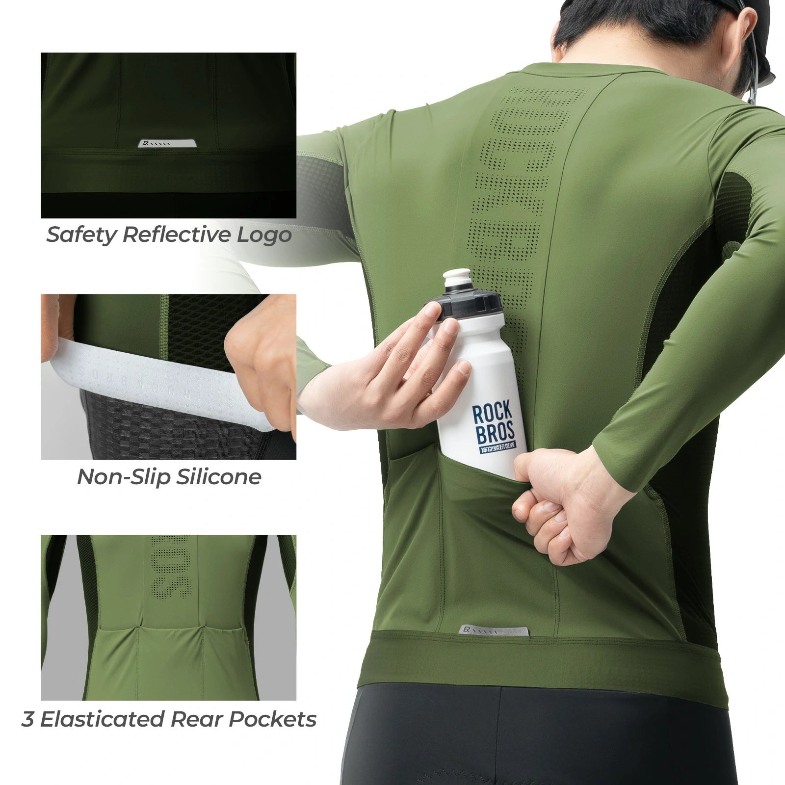 ROCKBROS cycling jersey long sleeve breathable 3 pocket
#Color_Dark Green
