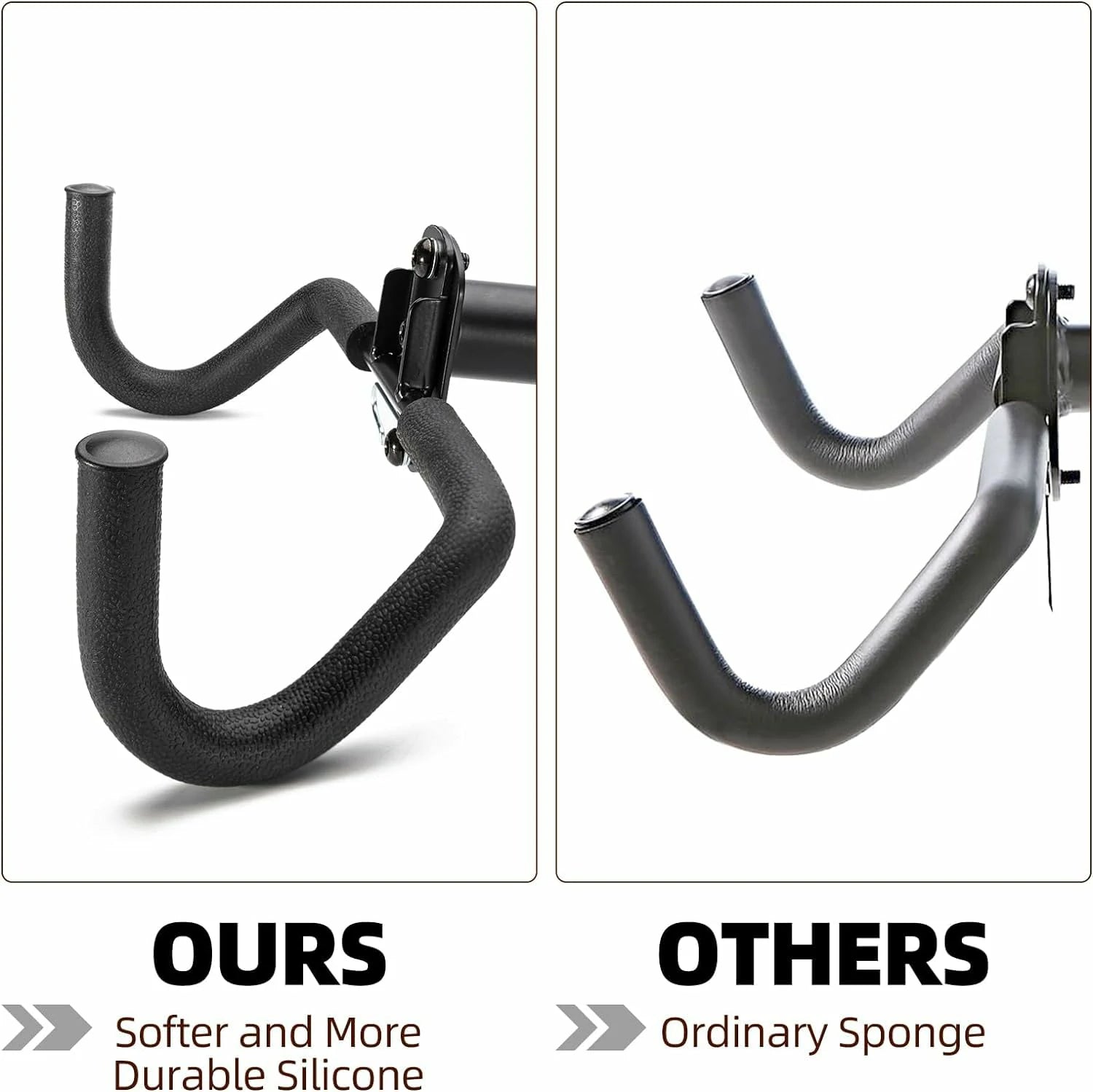 Foldable wall-mounted bike rack with double protective hooks and a 15kg load capacity, designed to save space and prevent frame scratches.