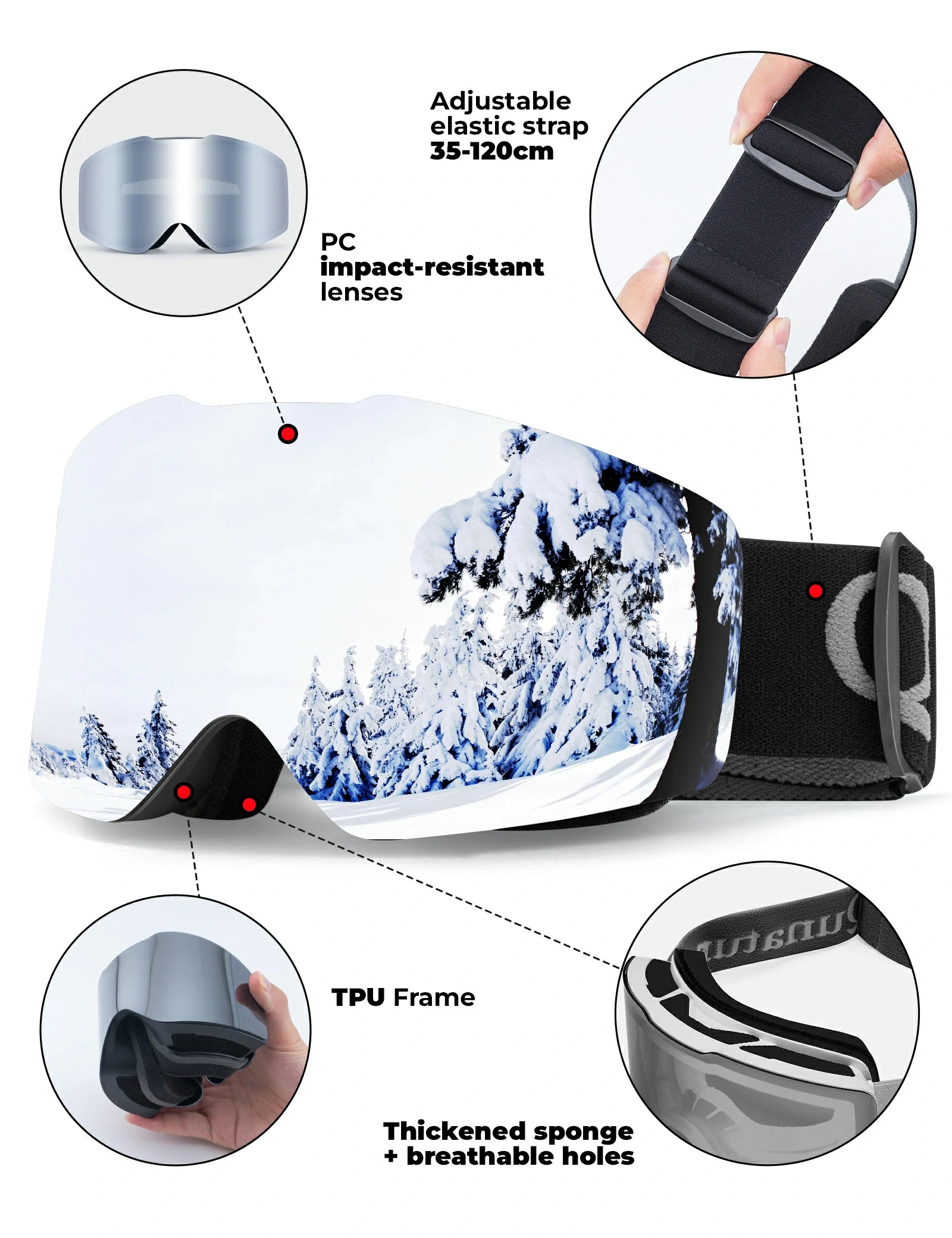 frameless ski goggles with uv400 anti-fog protection#Strap color_Black