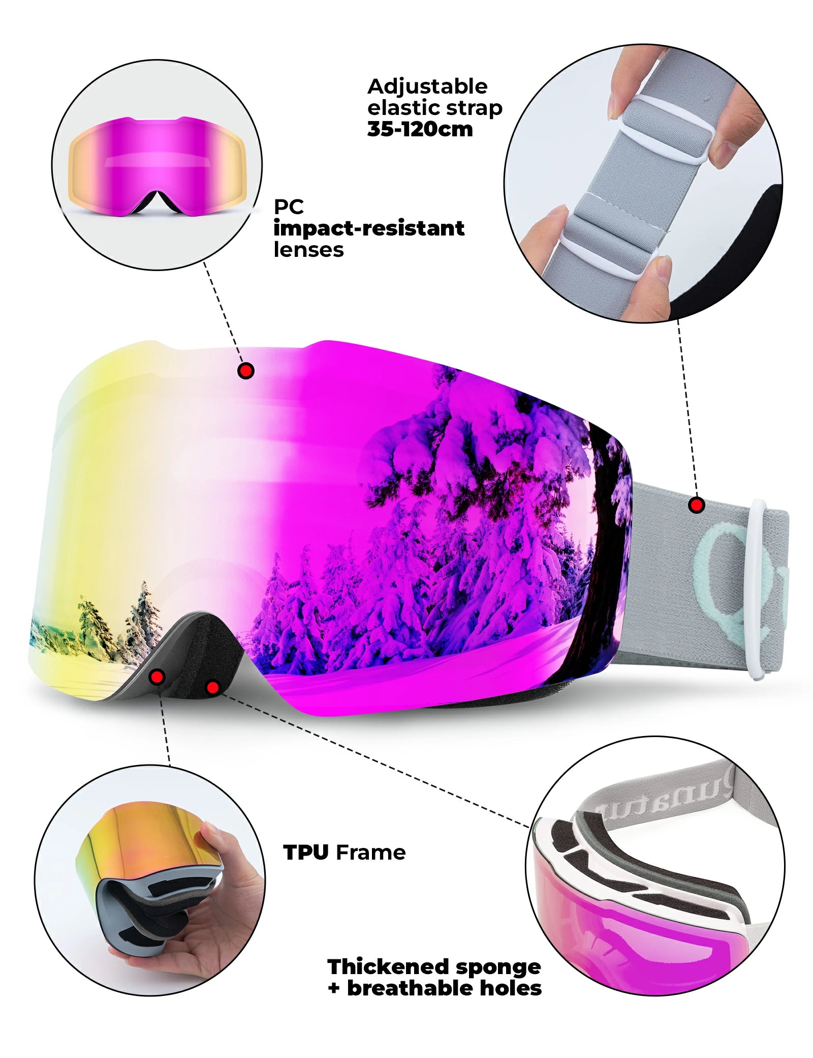frameless ski goggles with uv400 anti-fog protection#Strap color_Gery