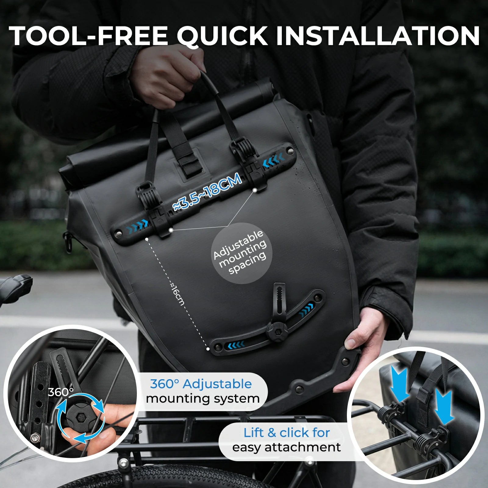 Fully waterproof bike pannier bag 20L in black#Color_black