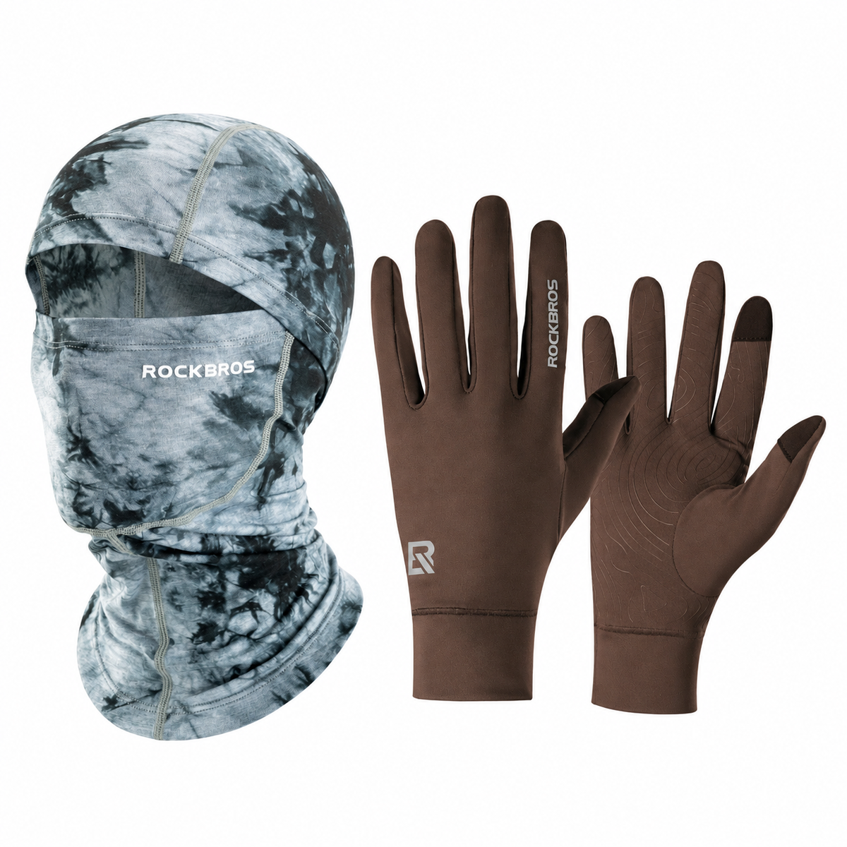 Winter cycling set with Gray balaclava and Brown touchscreen gloves#Color_Gray#GloveColor_Brown