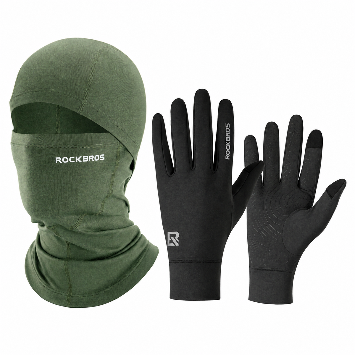 Winter cycling set with Green balaclava and Black touchscreen gloves#Color_Green#GloveColor_Black