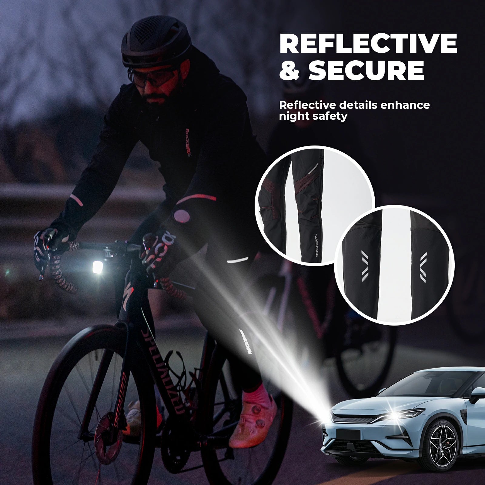 Men’s winter waterproof reflective cycling trousers for wind protection and safety during night rides.