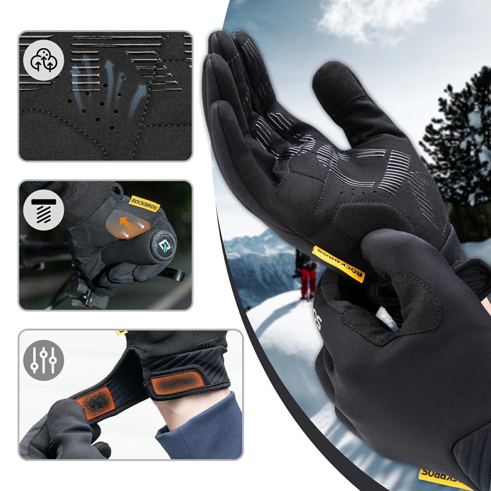 Close-up of water-resistant MTB full finger gloves showing padded palm, silicone grip, and touchscreen design