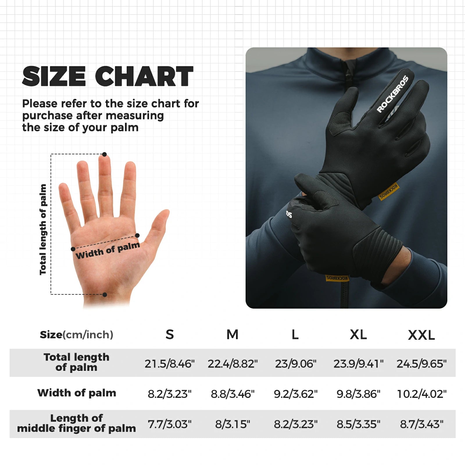 Size chart for gloves with hand measurement guide and glove display