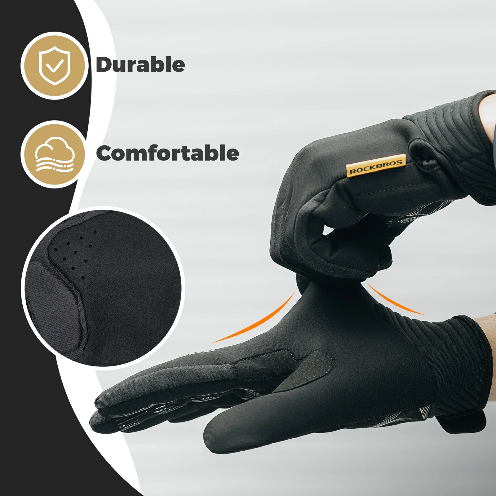 Cyclist wearing breathable elastic MTB full finger gloves with touchscreen and water-resistant performance